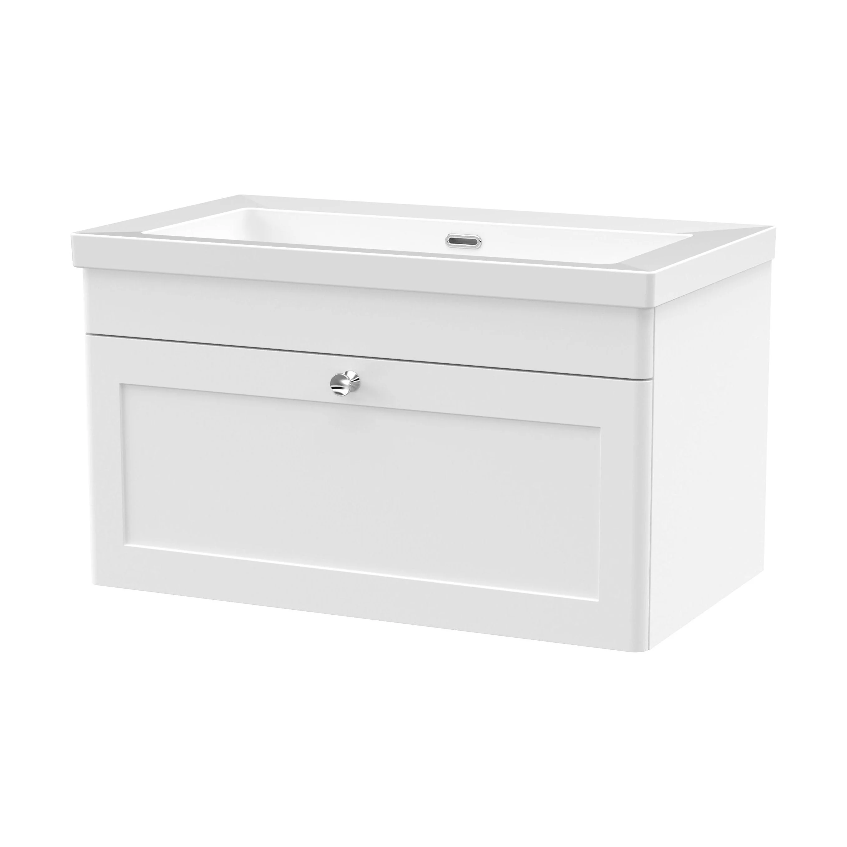 Swynnerton Traditional 1 Drawer Wall Hung Vanity Unit with Fireclay Basin, Satin White, 800mm