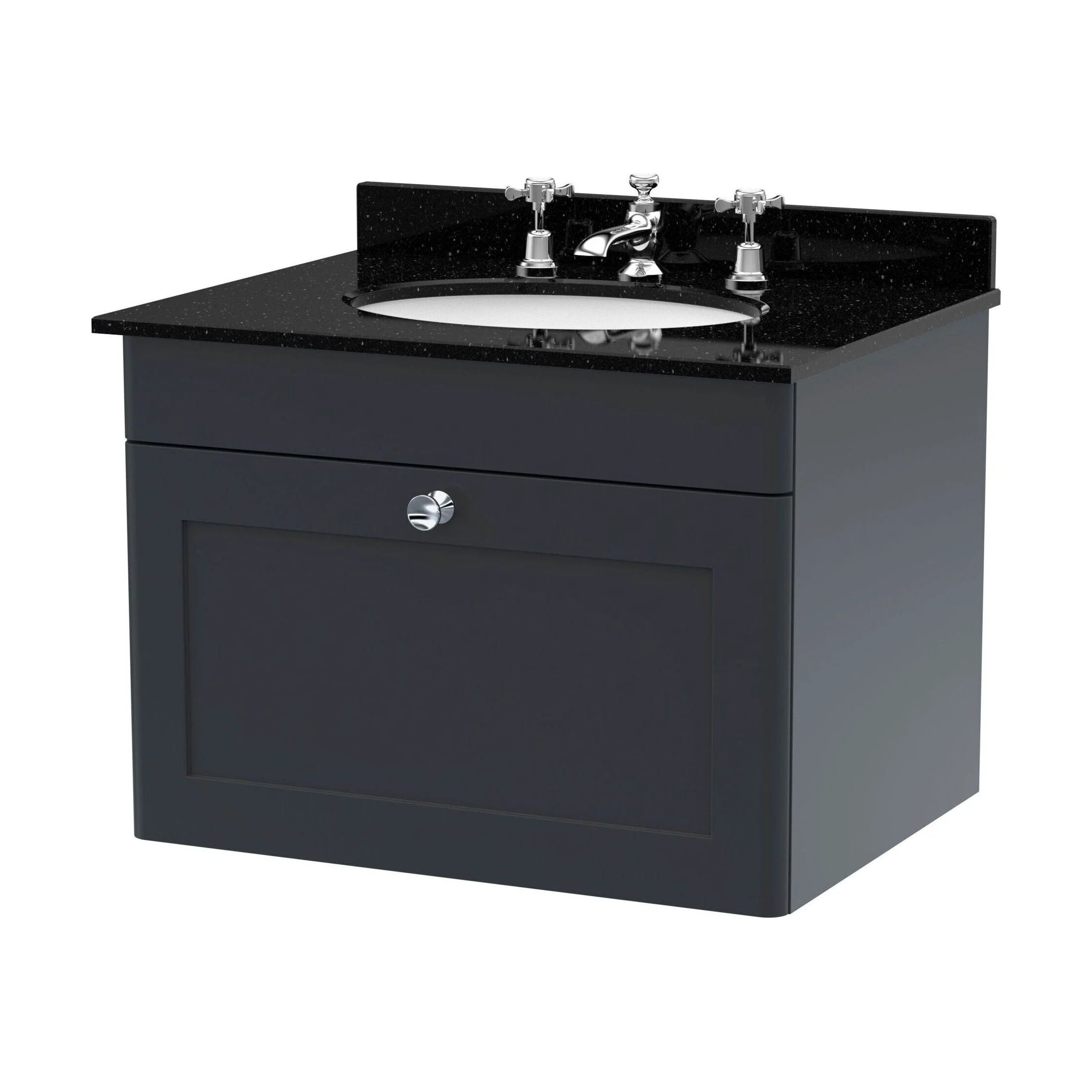 Swynnerton Traditional 1 Drawer Wall Hung Vanity Unit with Marble Basin, Dark Grey, 600mm