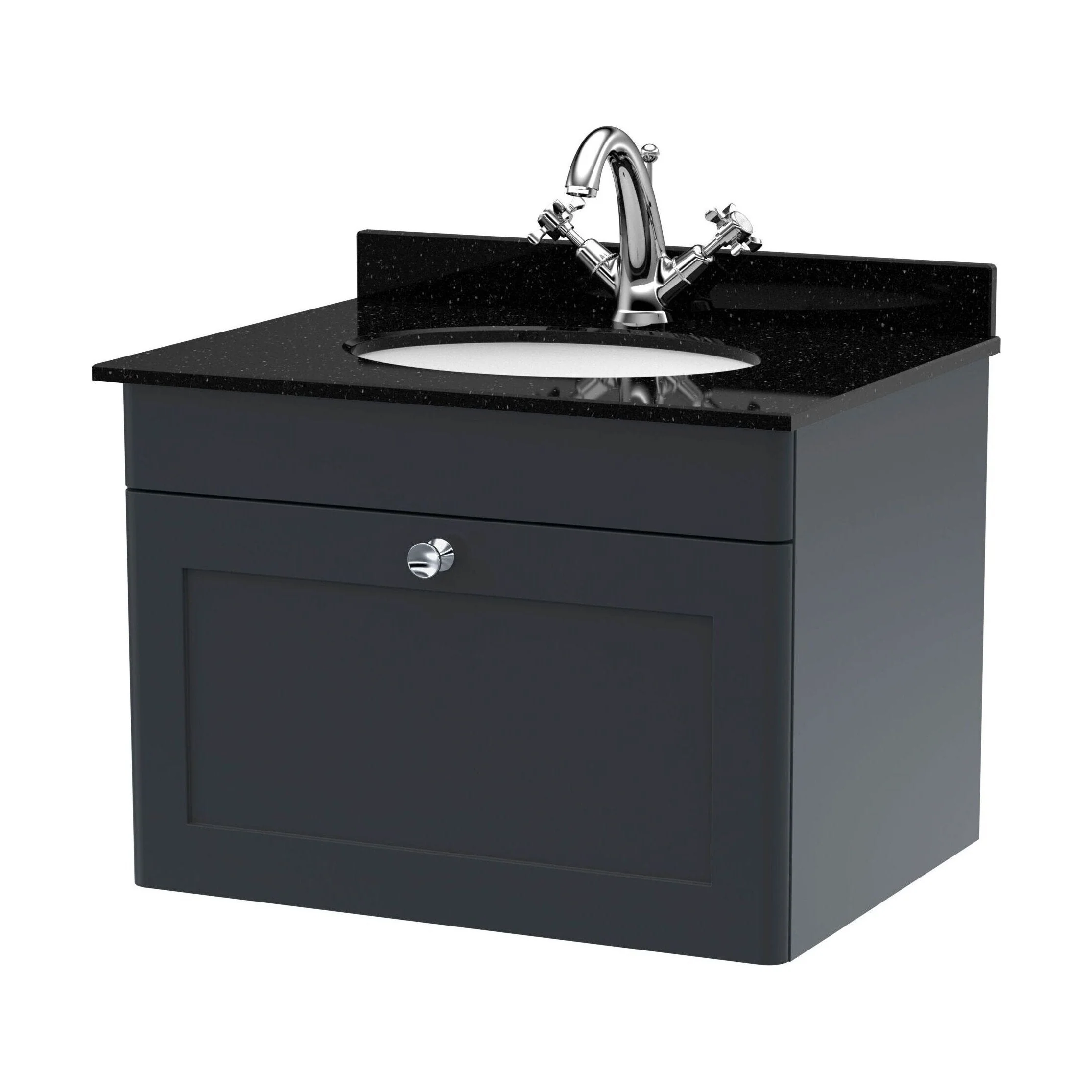 Swynnerton Traditional 1 Drawer Wall Hung Vanity Unit with Marble Basin, Dark Grey, 600mm