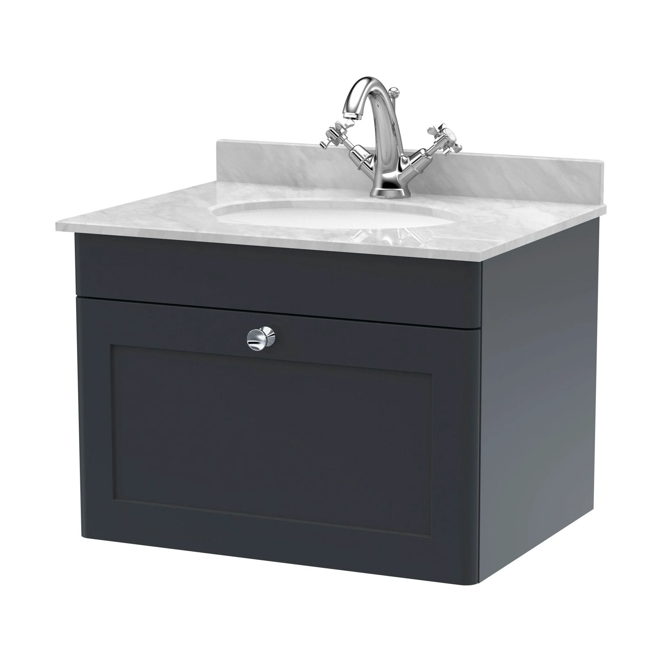 Swynnerton Traditional 1 Drawer Wall Hung Vanity Unit with Marble Basin, Dark Grey, 600mm