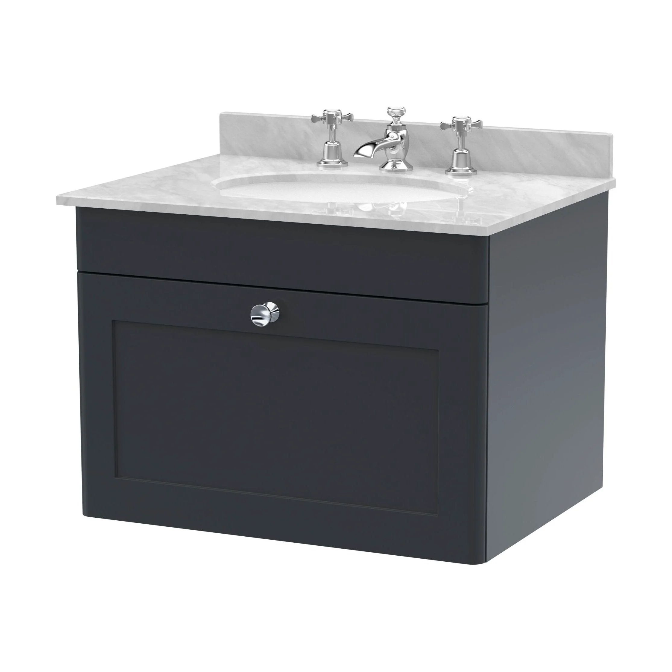 Swynnerton Traditional 1 Drawer Wall Hung Vanity Unit with Marble Basin, Dark Grey, 600mm
