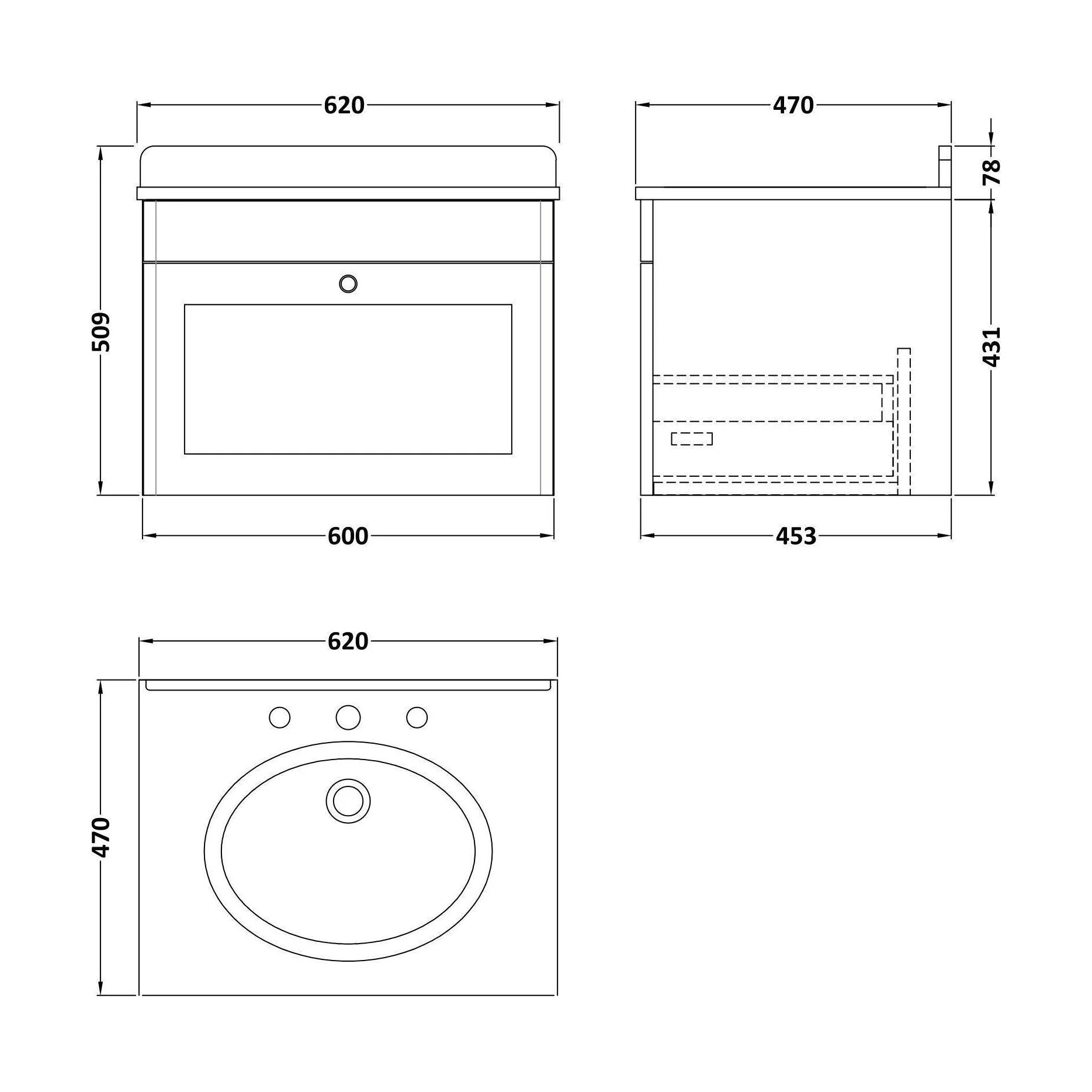 Swynnerton Traditional 1 Drawer Wall Hung Vanity Unit with Marble Basin, Dark Grey, 600mm - Image 2