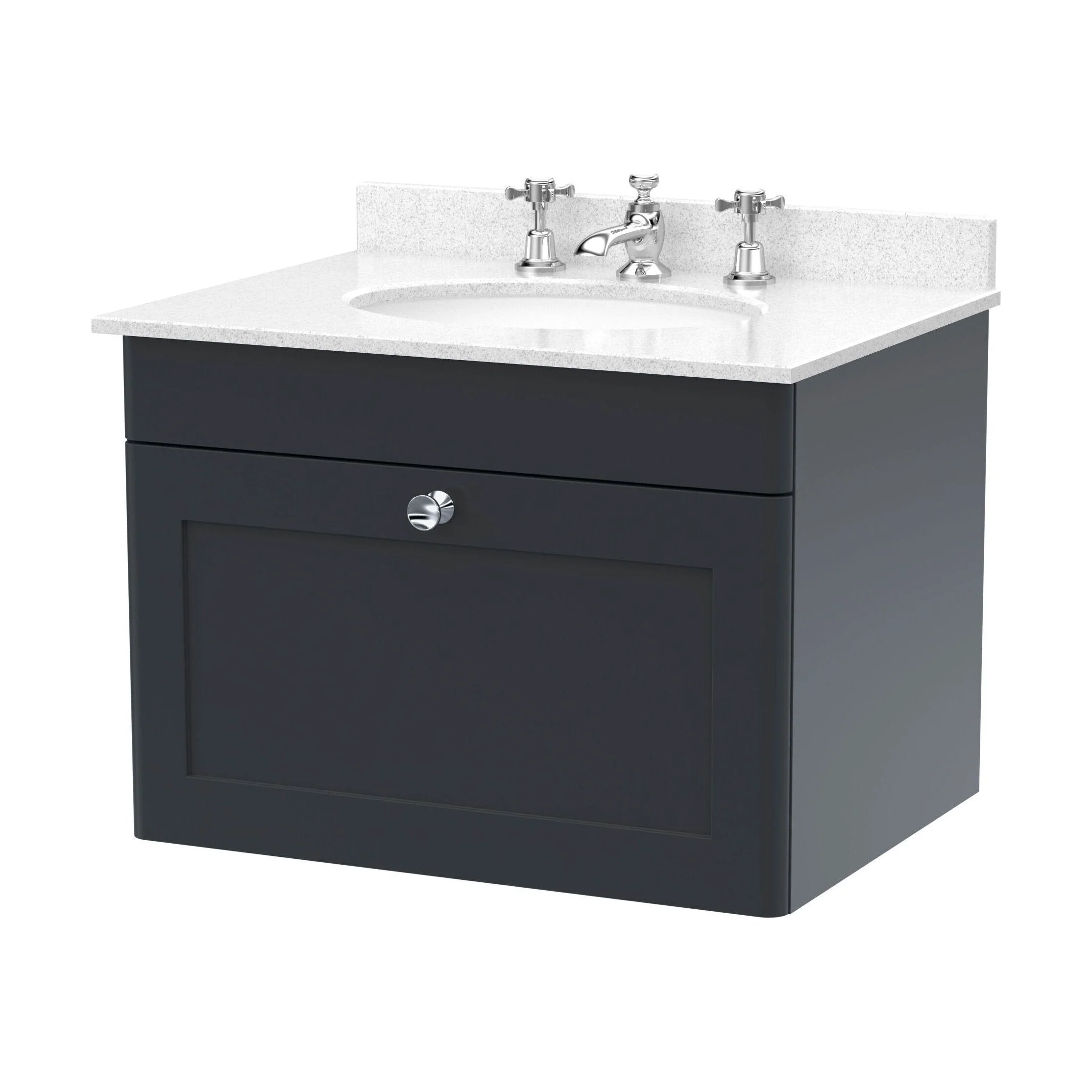 Swynnerton Traditional 1 Drawer Wall Hung Vanity Unit with Marble Basin, Dark Grey, 600mm