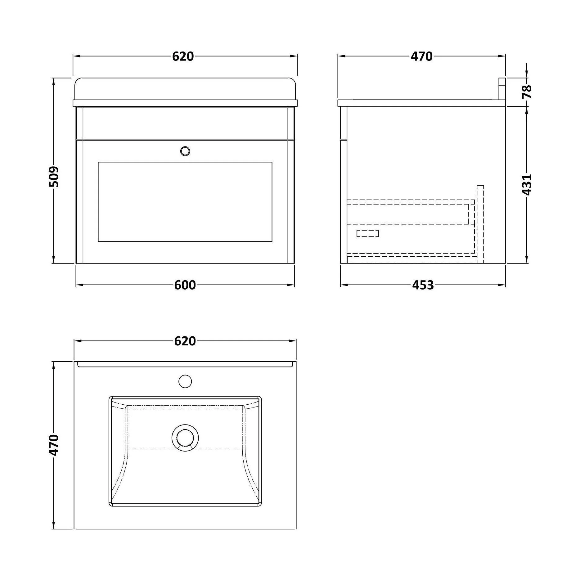 Swynnerton Traditional 1 Drawer Wall Hung Vanity Unit with Marble Basin, Dark Grey, 600mm - Image 2