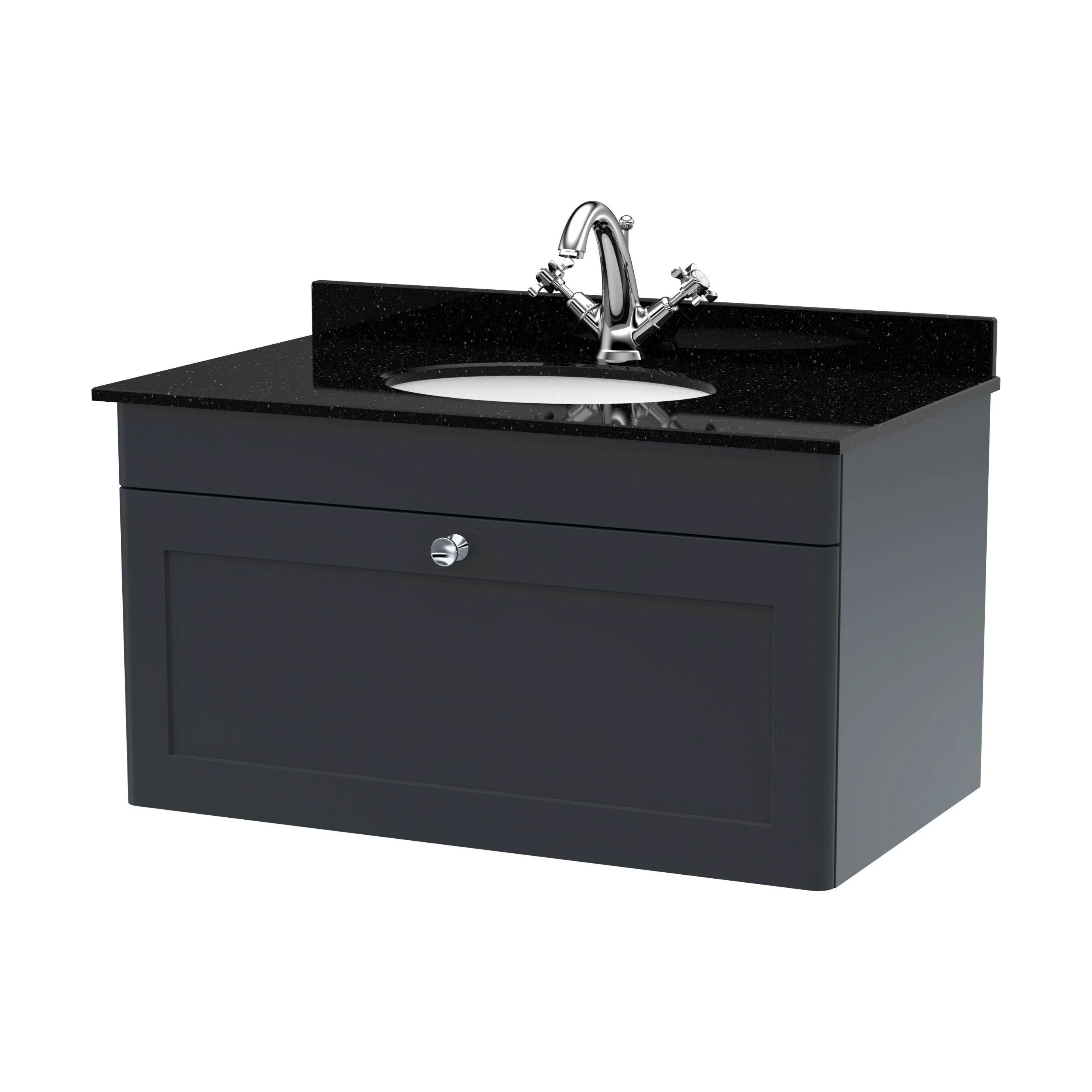 Swynnerton Traditional 1 Drawer Wall Hung Vanity Unit with Marble Basin, Dark Grey, 800mm