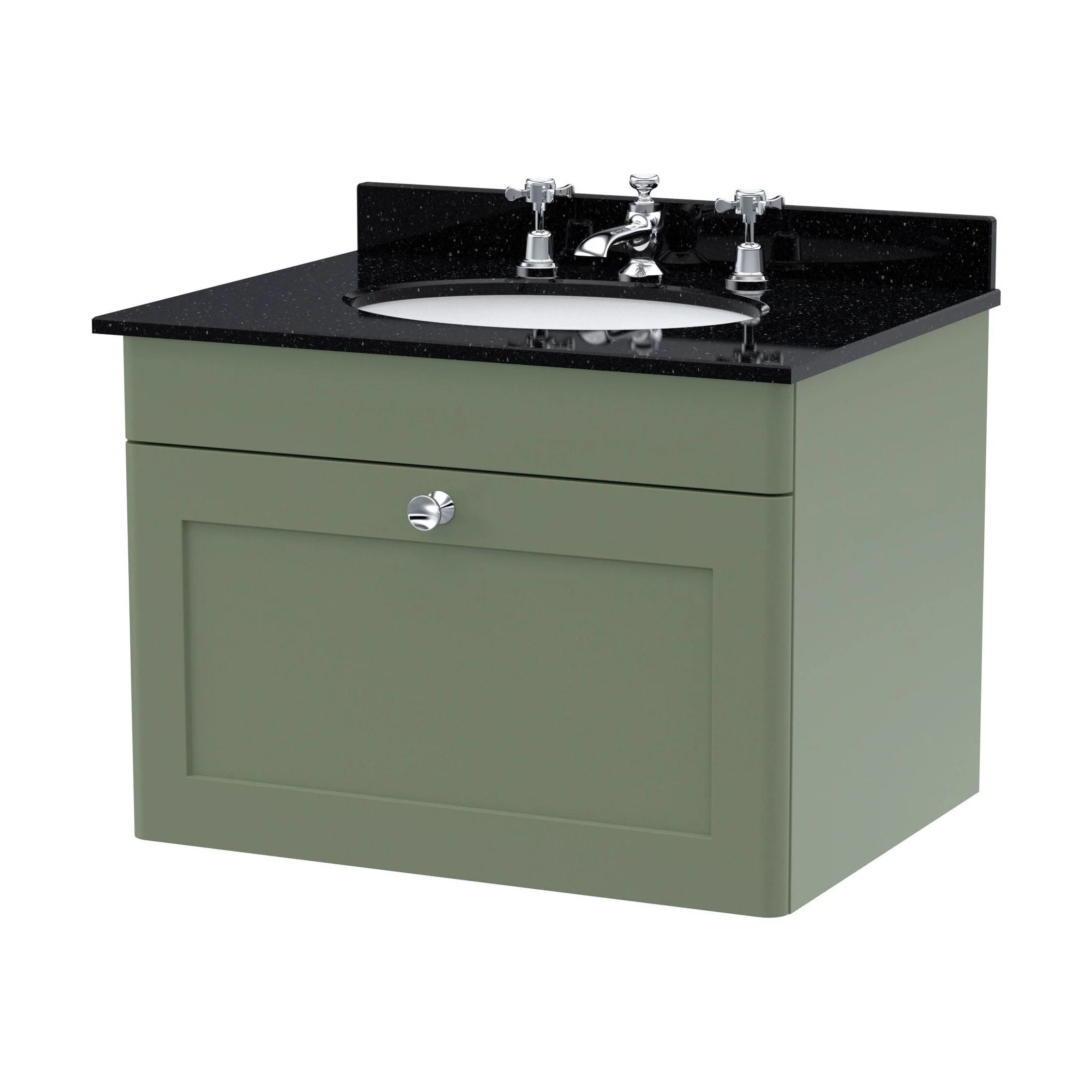 Swynnerton Traditional 1 Drawer Wall Hung Vanity Unit with Marble Basin, Satin Green, 600mm