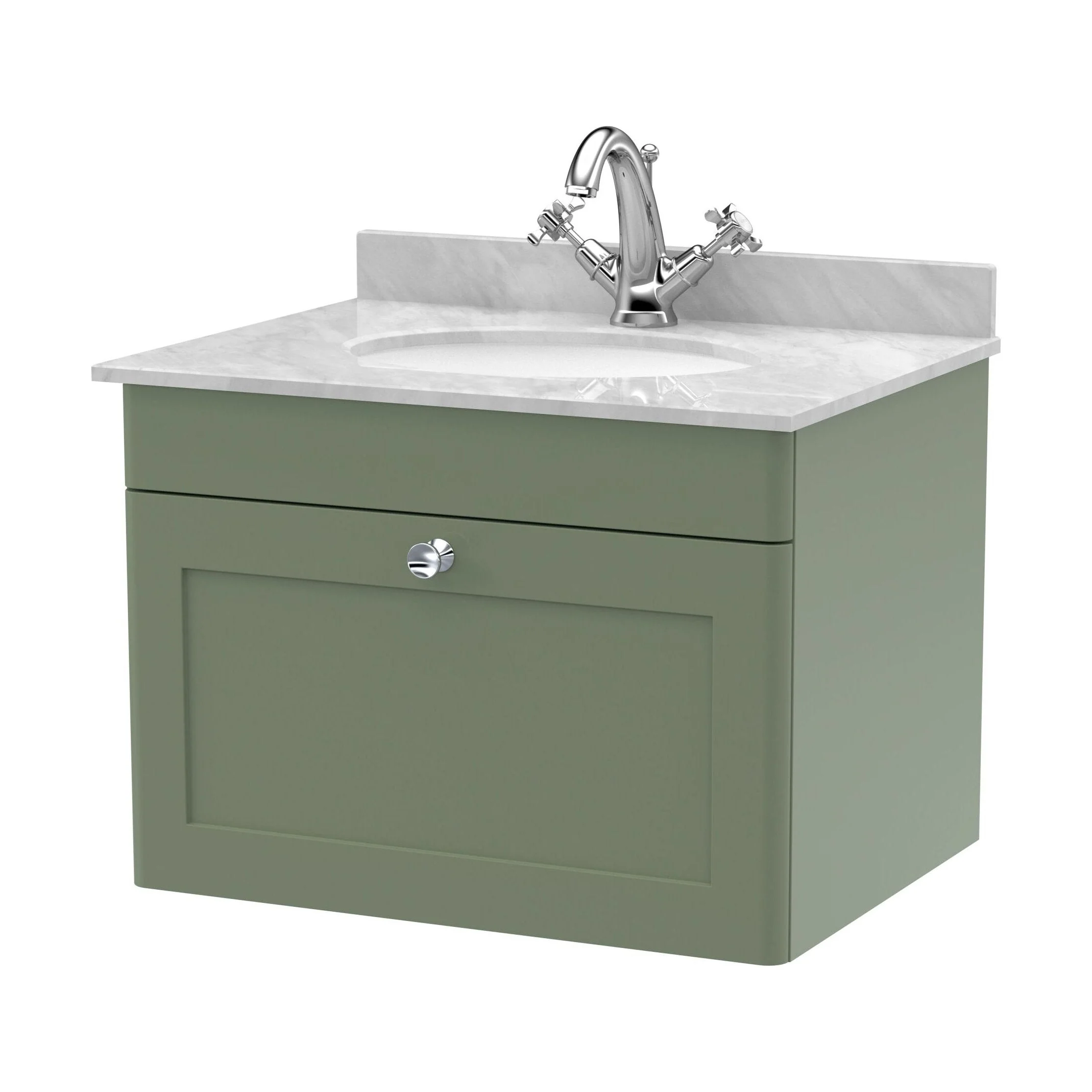 Swynnerton Traditional 1 Drawer Wall Hung Vanity Unit with Marble Basin, Satin Green, 600mm