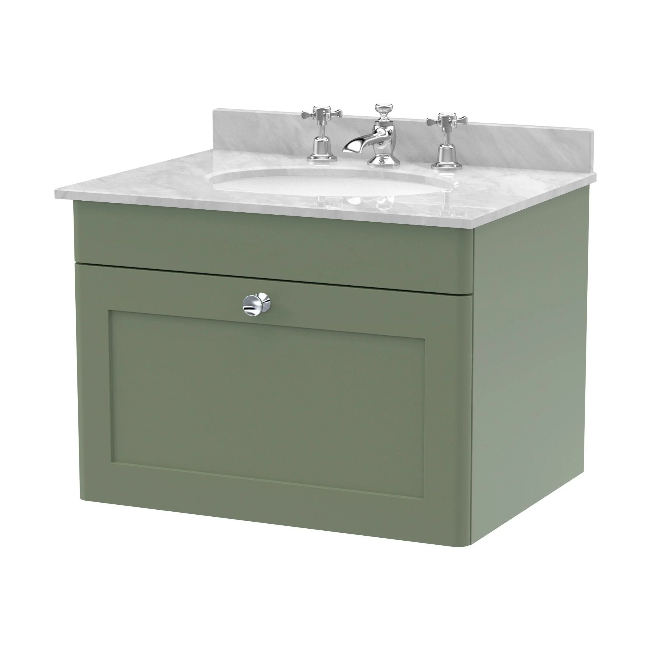 Swynnerton Traditional 1 Drawer Wall Hung Vanity Unit with Marble Basin, Satin Green, 600mm