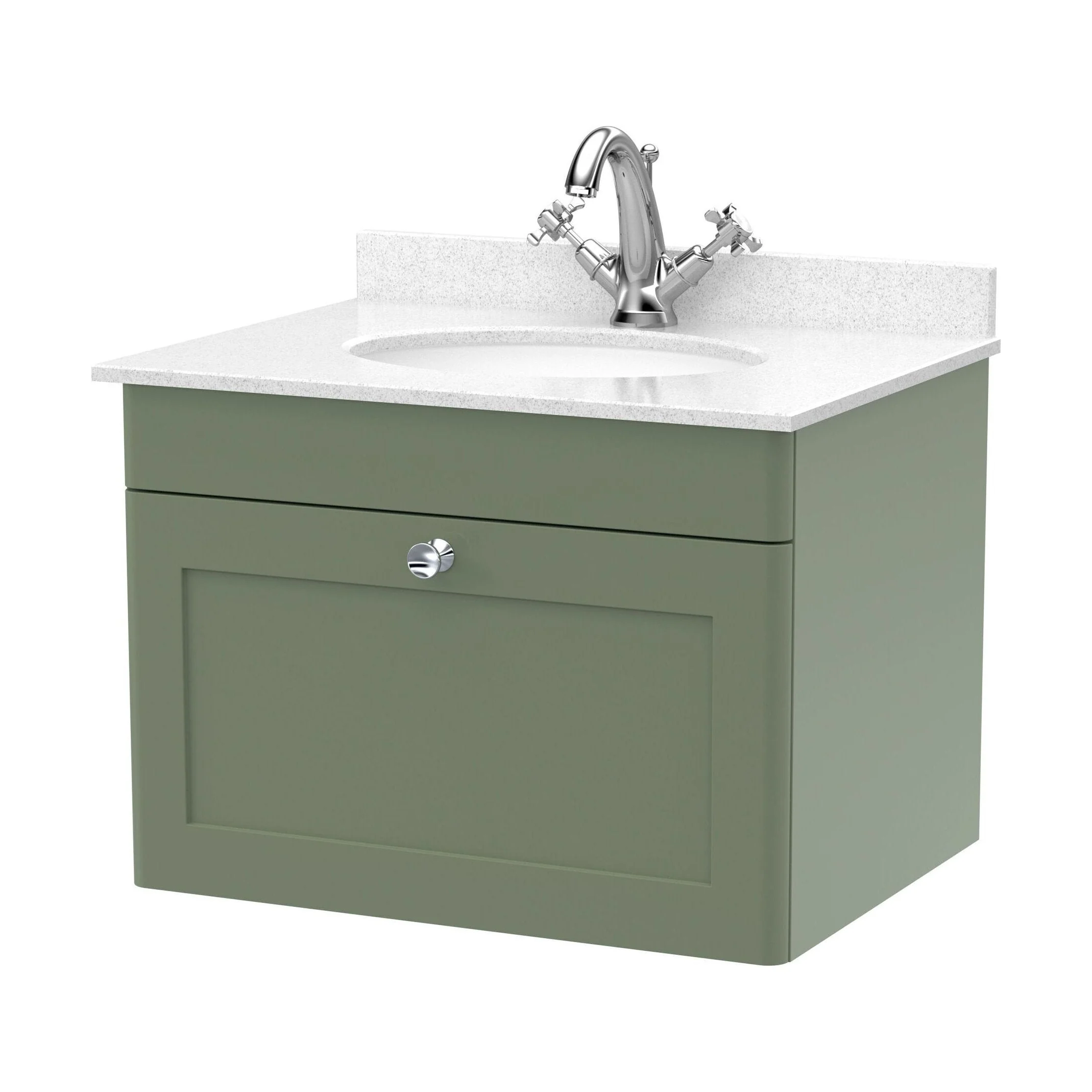 Swynnerton Traditional 1 Drawer Wall Hung Vanity Unit with Marble Basin, Satin Green, 600mm