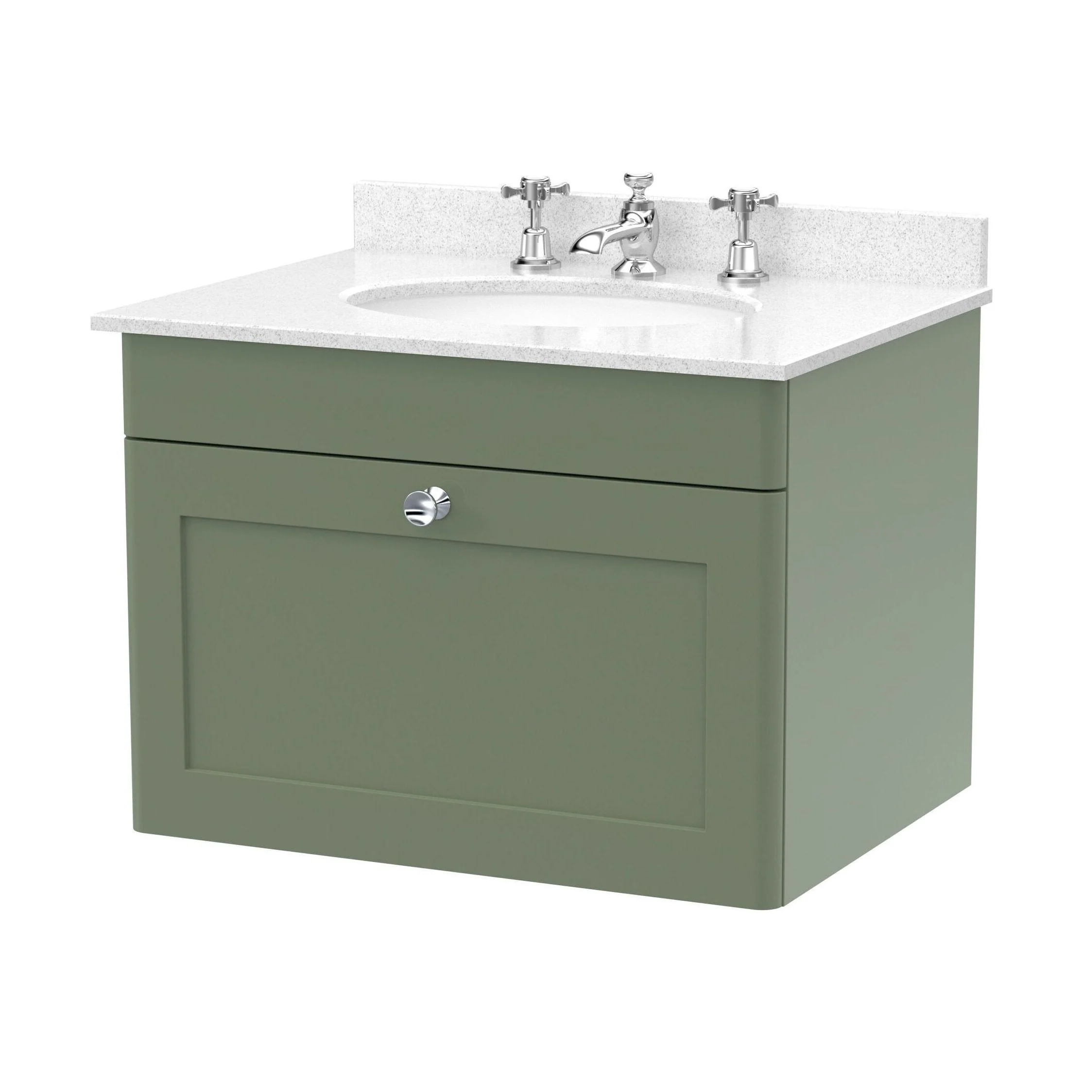Swynnerton Traditional 1 Drawer Wall Hung Vanity Unit with Marble Basin, Satin Green, 600mm