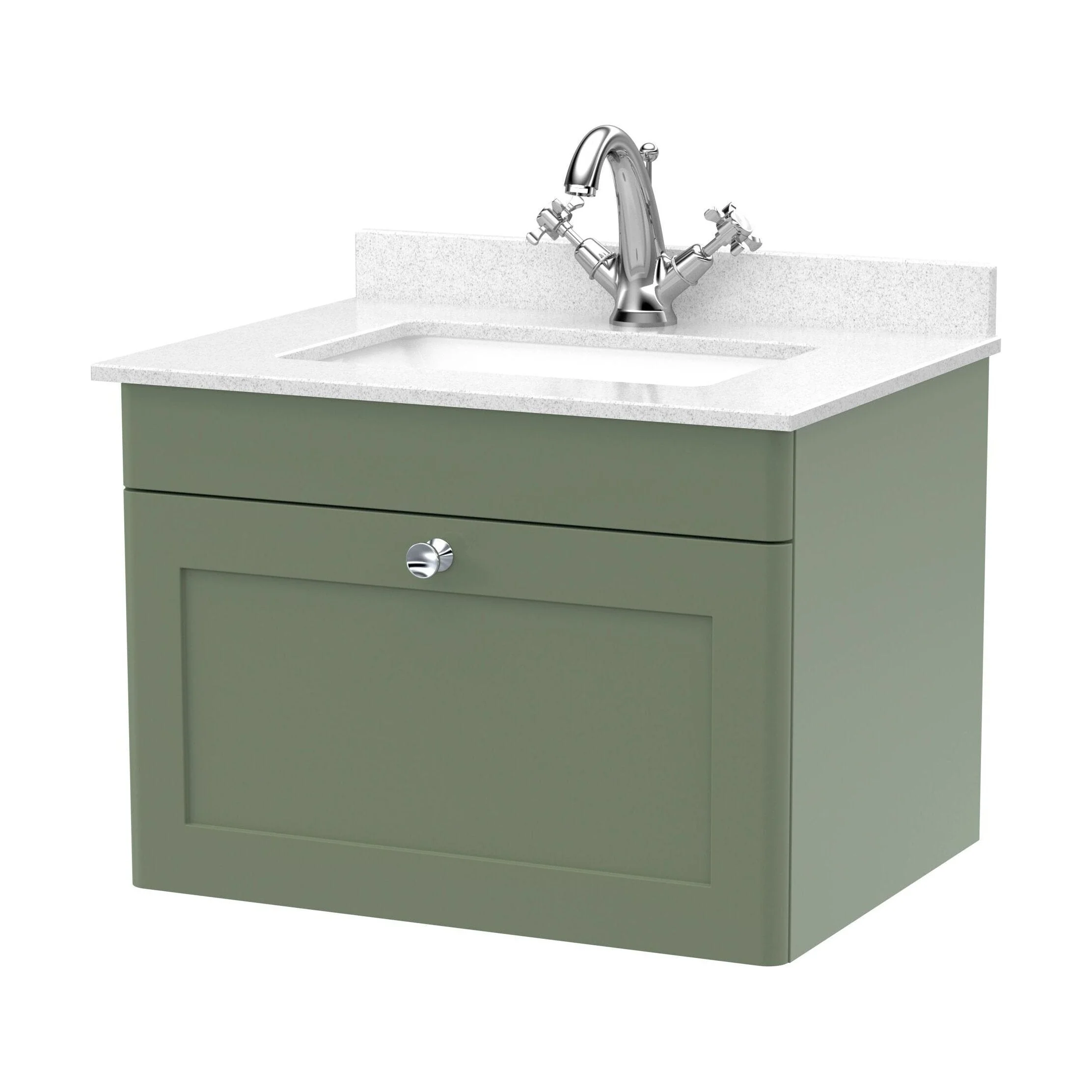 Swynnerton Traditional 1 Drawer Wall Hung Vanity Unit with Marble Basin, Satin Green, 600mm