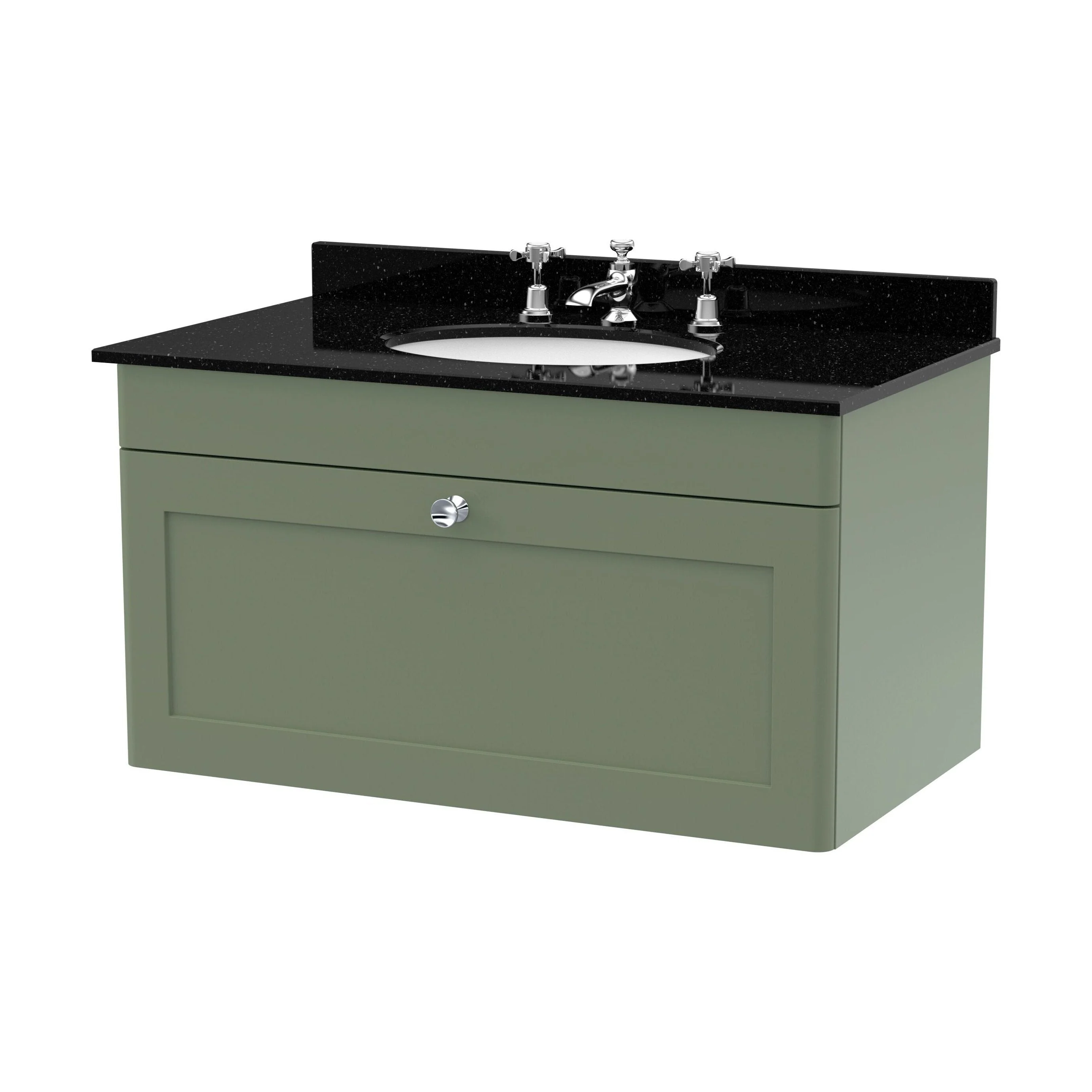 Swynnerton Traditional 1 Drawer Wall Hung Vanity Unit with Marble Basin, Satin Green, 800mm