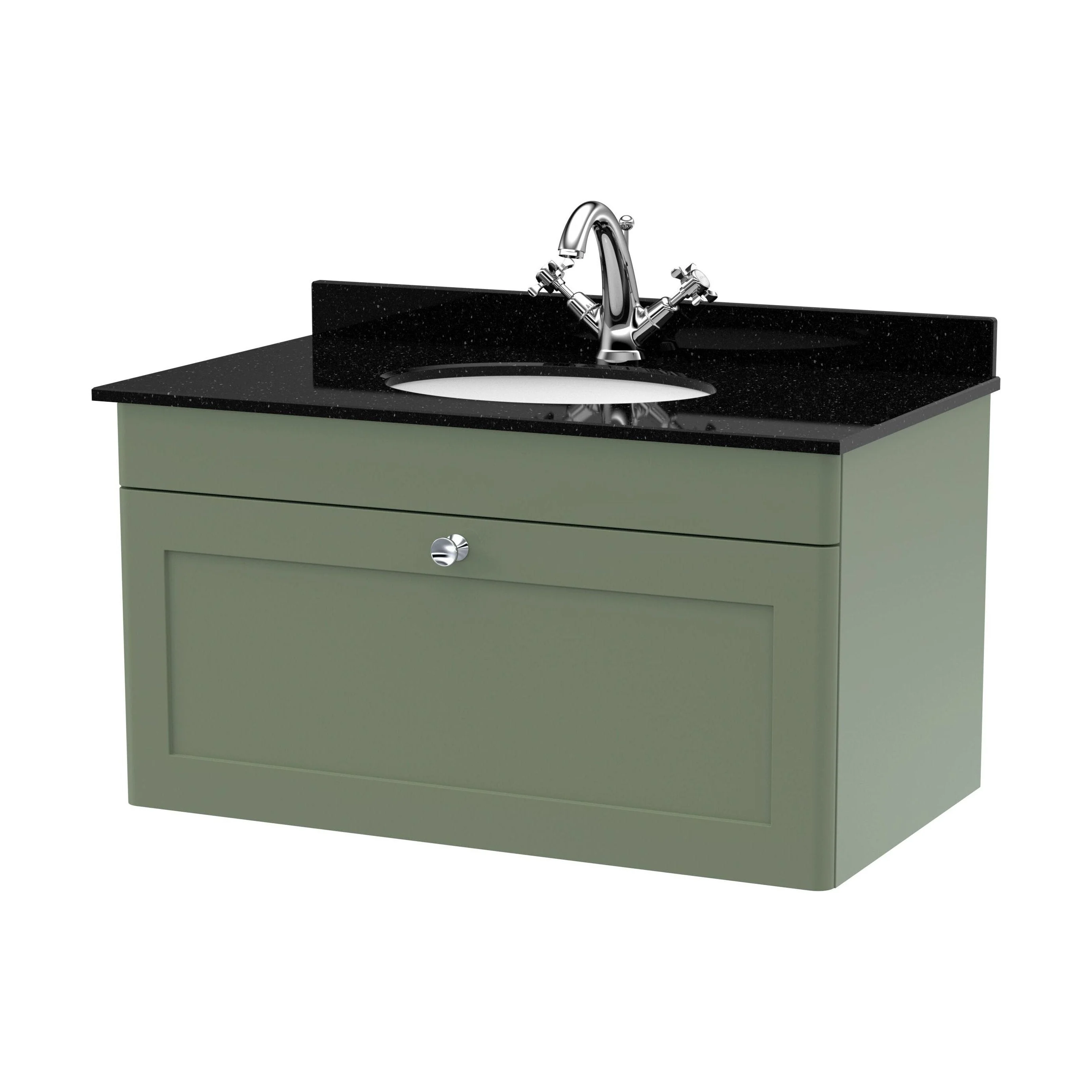 Swynnerton Traditional 1 Drawer Wall Hung Vanity Unit with Marble Basin, Satin Green, 800mm
