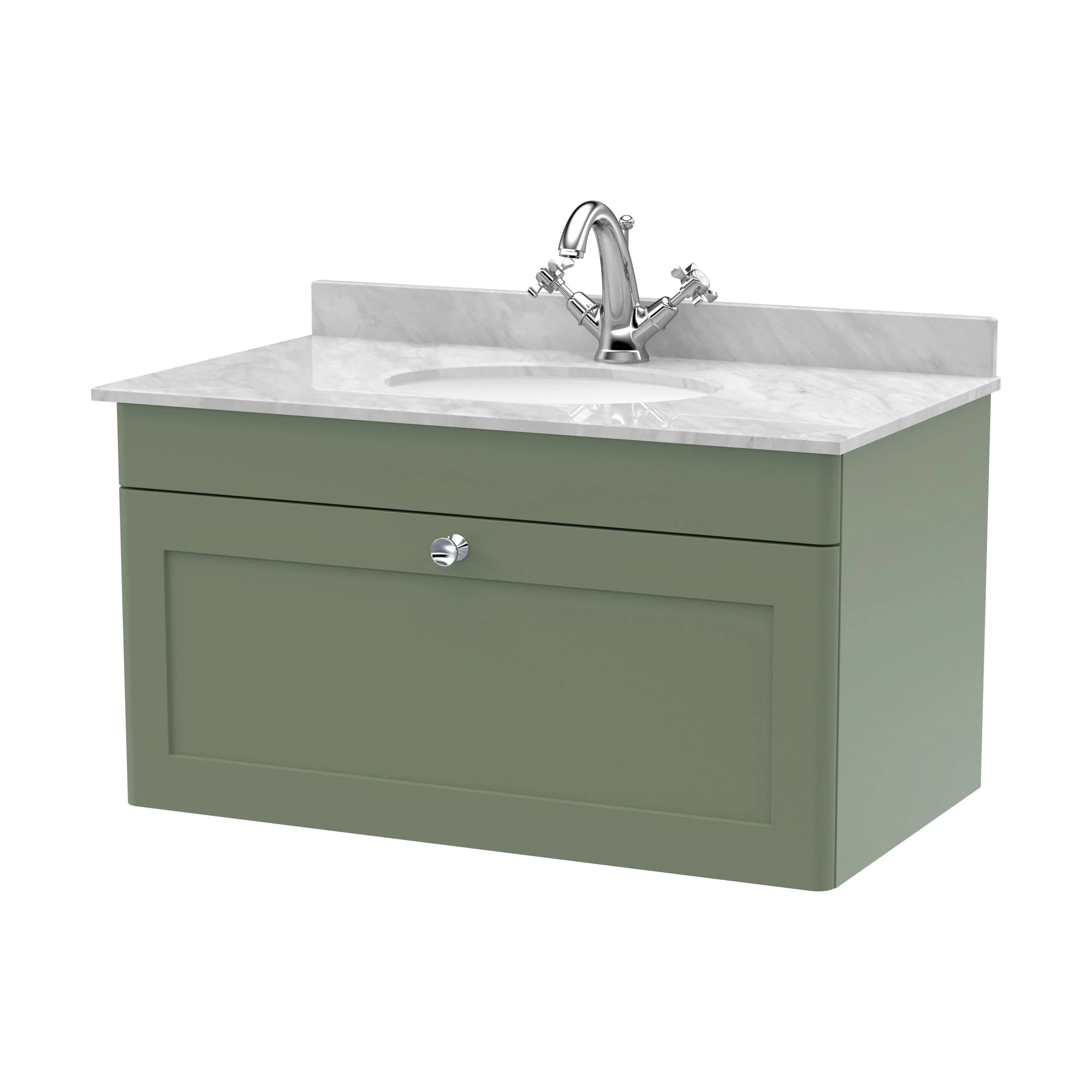 Swynnerton Traditional 1 Drawer Wall Hung Vanity Unit with Marble Basin, Satin Green, 800mm
