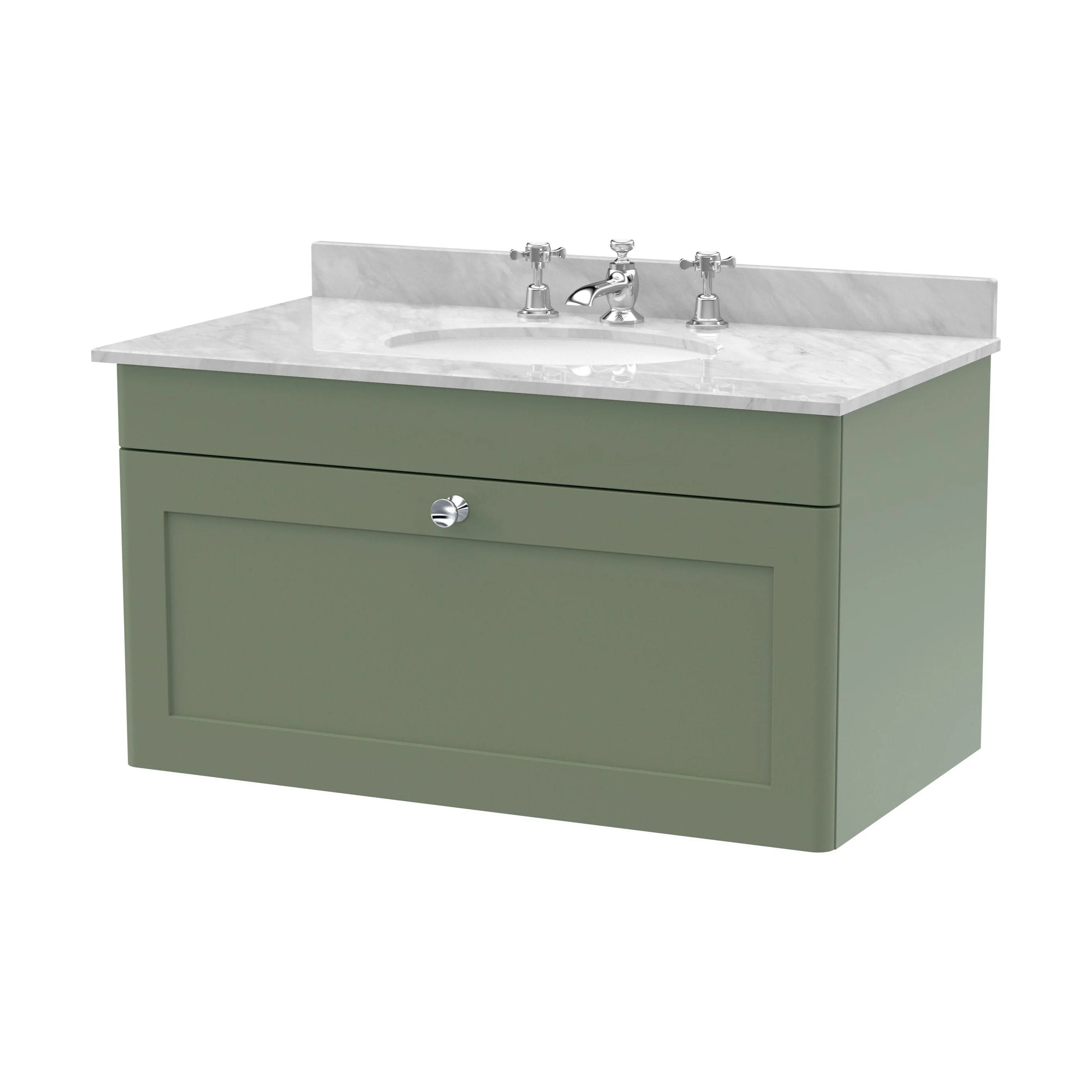 Swynnerton Traditional 1 Drawer Wall Hung Vanity Unit with Marble Basin, Satin Green, 800mm