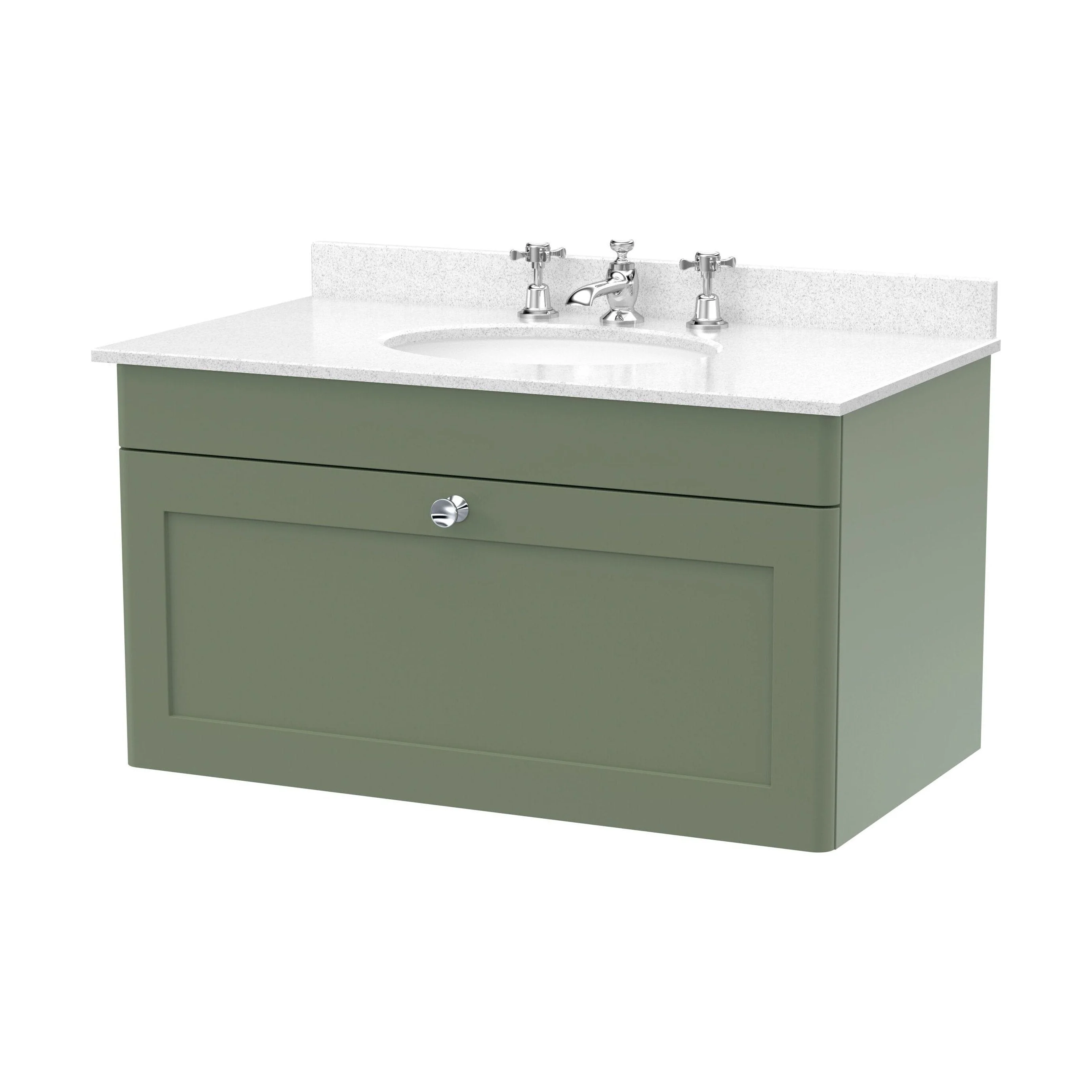 Swynnerton Traditional 1 Drawer Wall Hung Vanity Unit with Marble Basin, Satin Green, 800mm