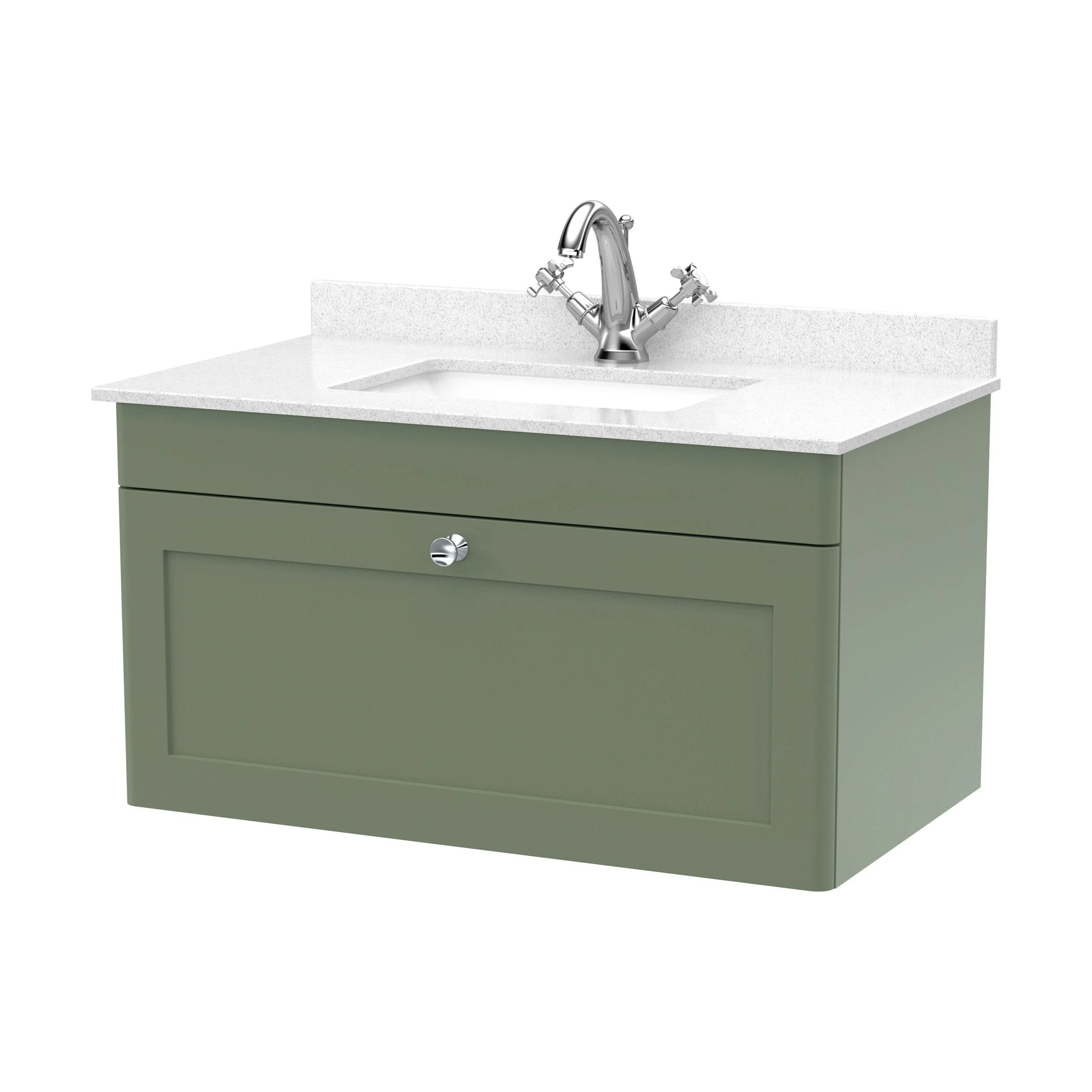 Swynnerton Traditional 1 Drawer Wall Hung Vanity Unit with Marble Basin, Satin Green, 800mm