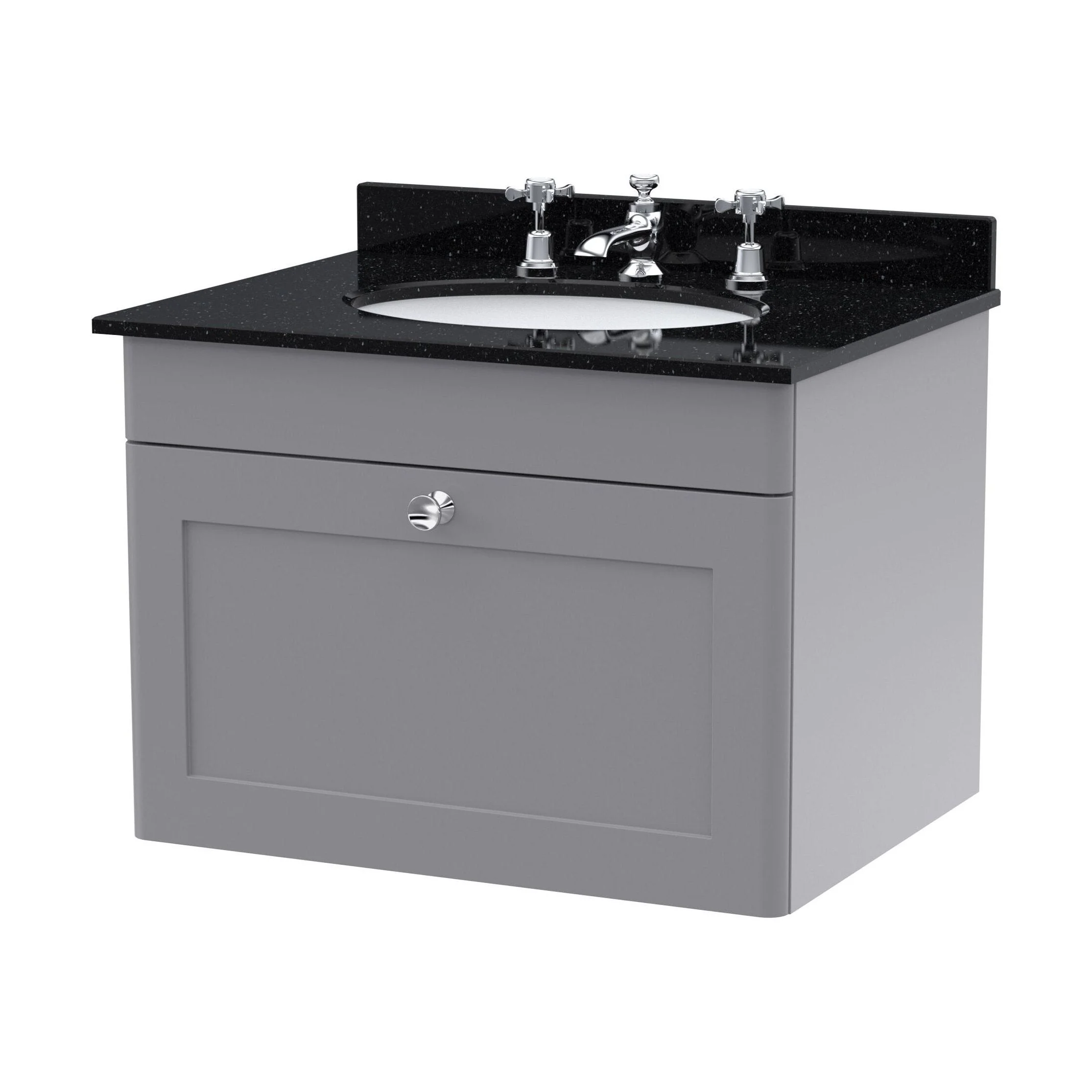 Swynnerton Traditional 1 Drawer Wall Hung Vanity Unit with Marble Basin, Satin Grey, 600mm