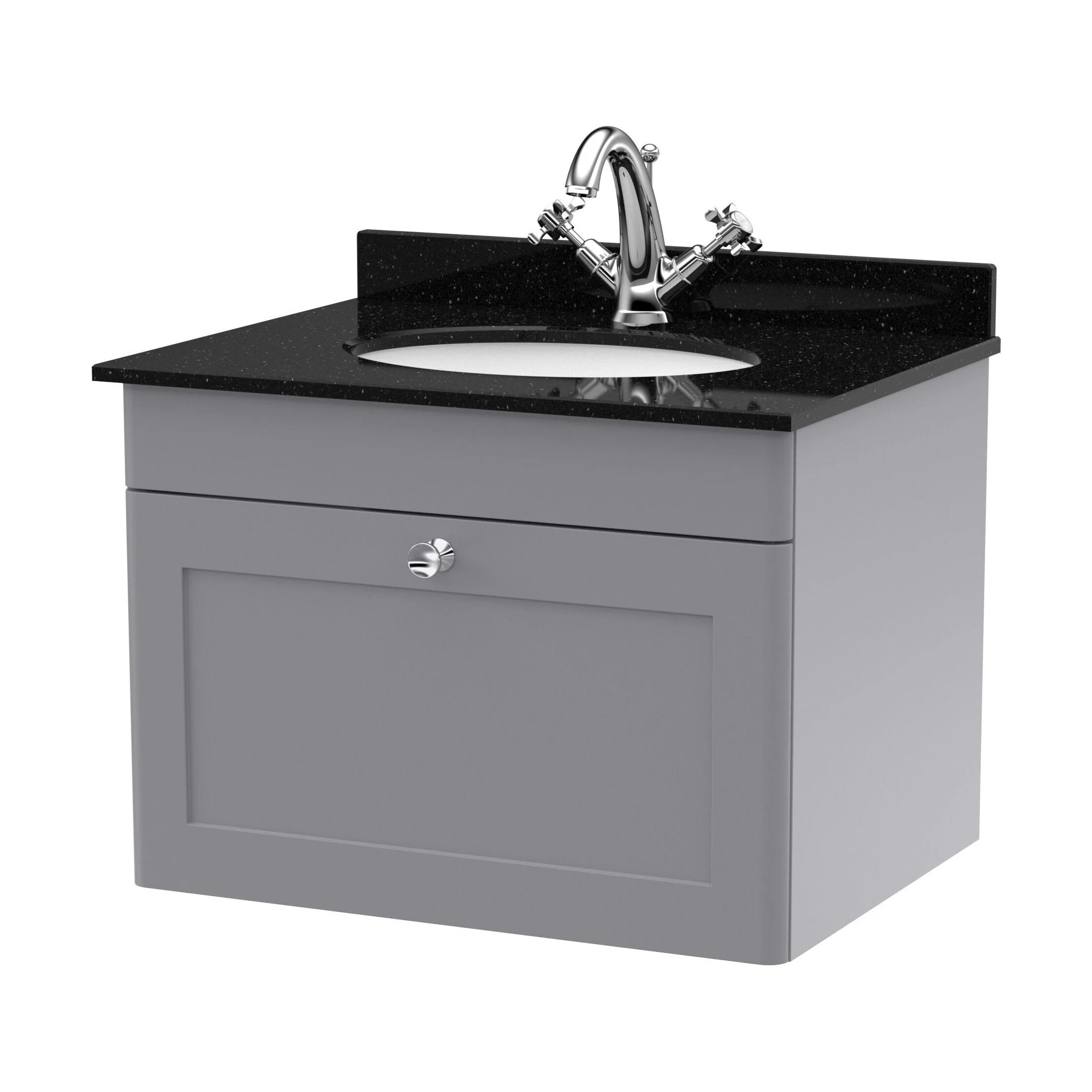 Swynnerton Traditional 1 Drawer Wall Hung Vanity Unit with Marble Basin, Satin Grey, 600mm