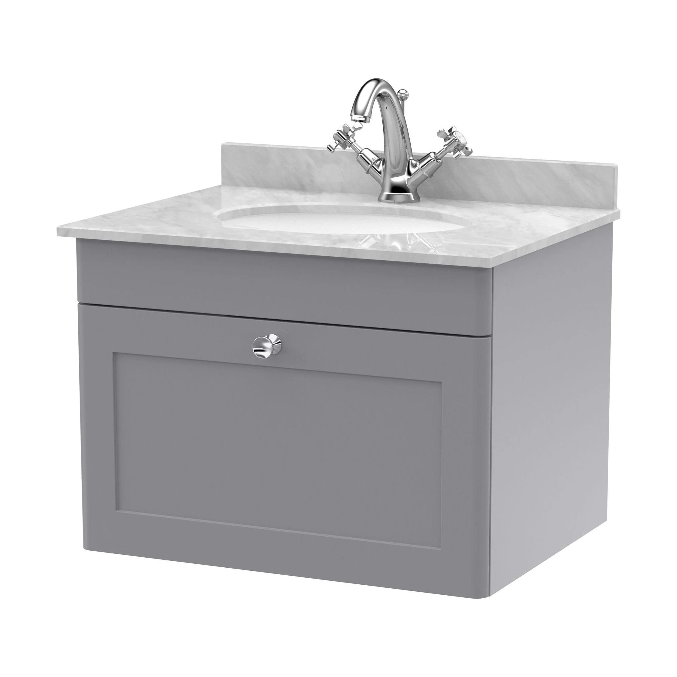 Swynnerton Traditional 1 Drawer Wall Hung Vanity Unit with Marble Basin, Satin Grey, 600mm
