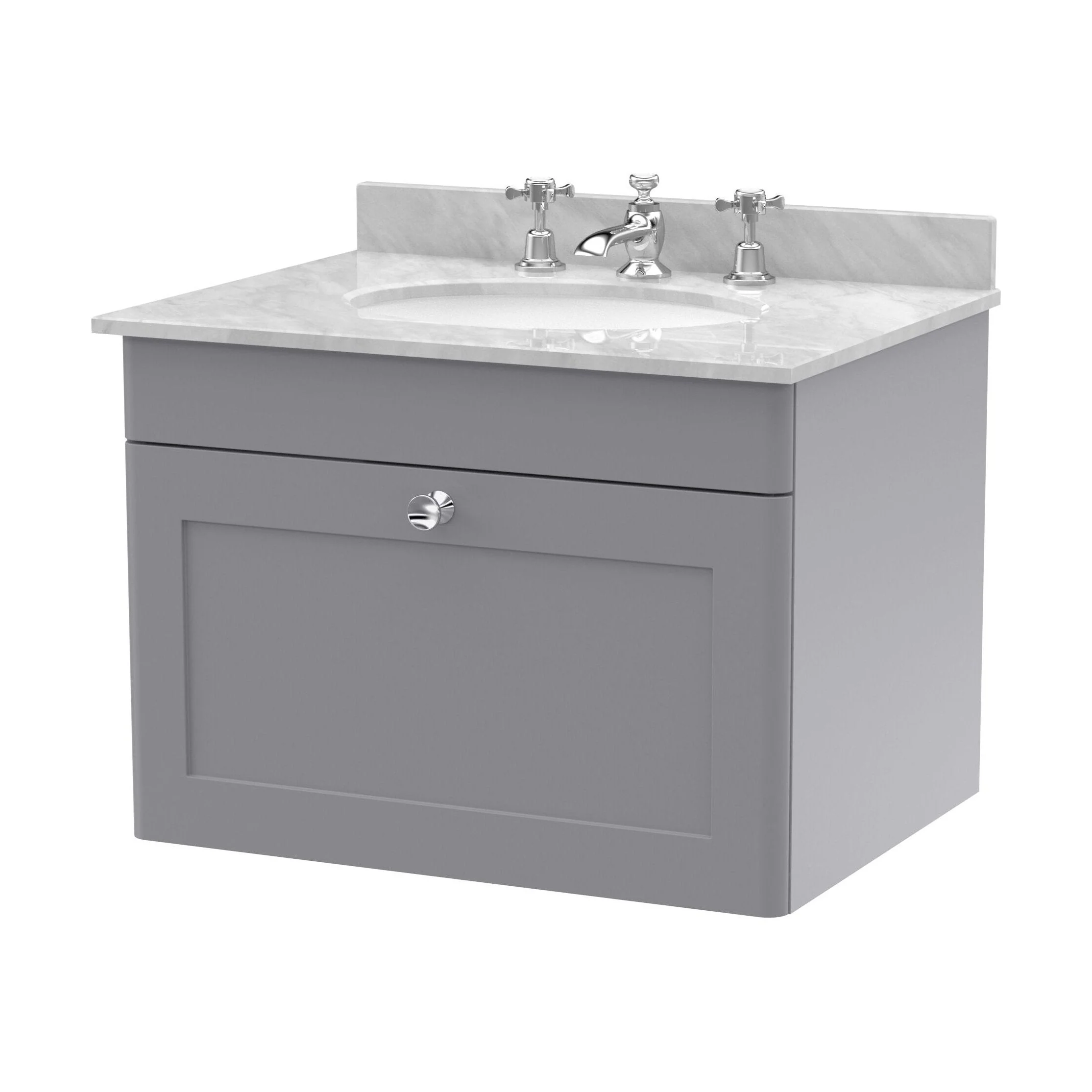 Swynnerton Traditional 1 Drawer Wall Hung Vanity Unit with Marble Basin, Satin Grey, 600mm