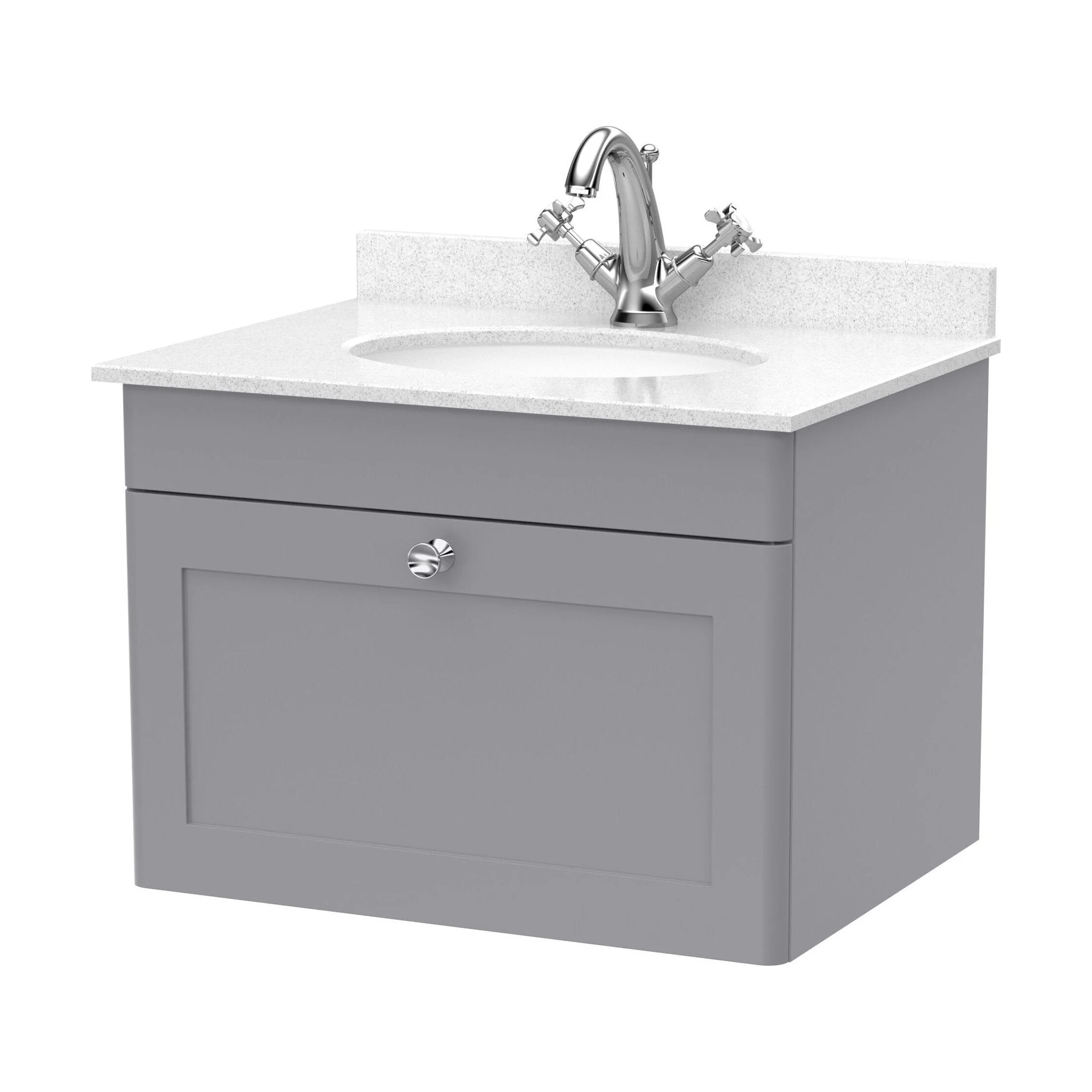 Swynnerton Traditional 1 Drawer Wall Hung Vanity Unit with Marble Basin, Satin Grey, 600mm
