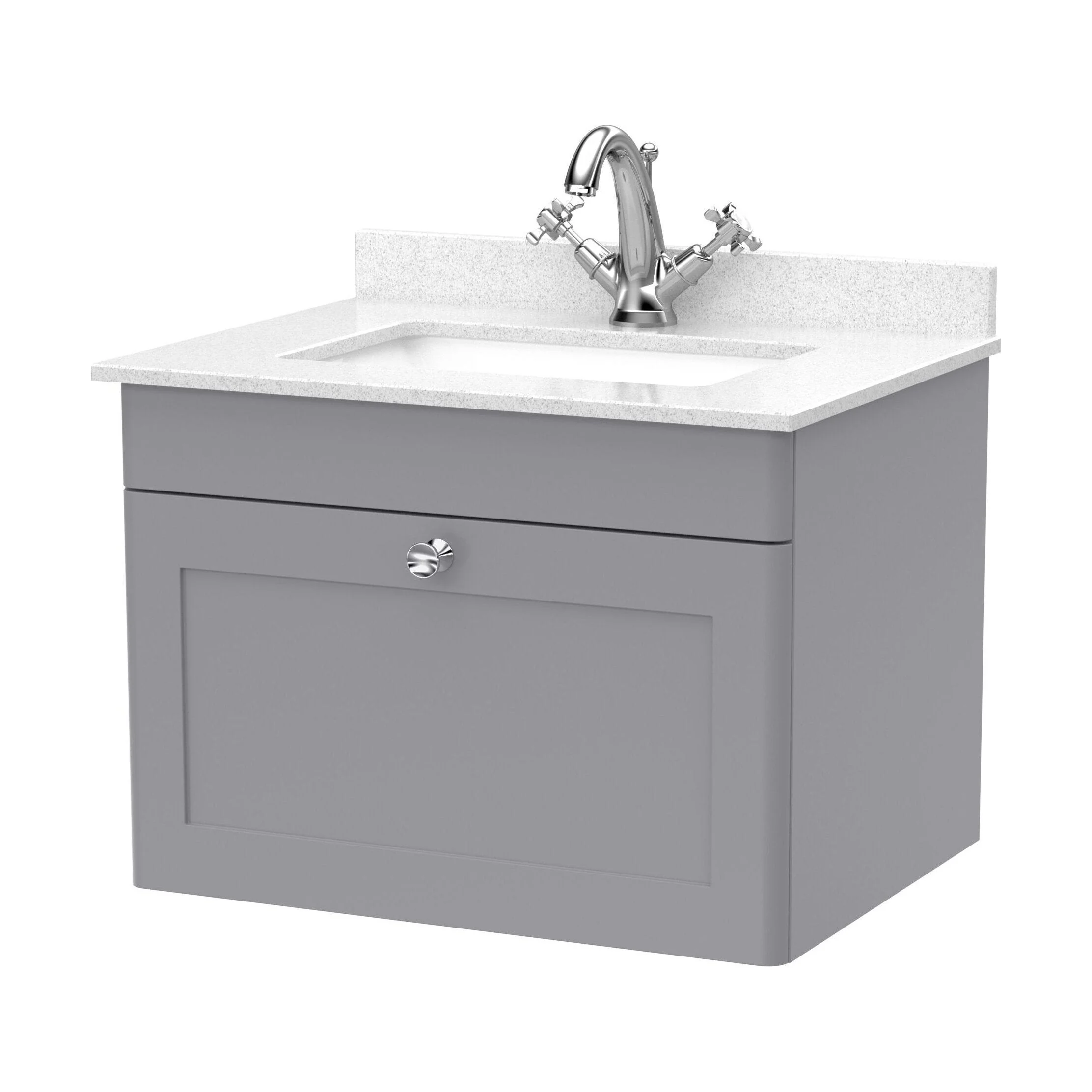 Swynnerton Traditional 1 Drawer Wall Hung Vanity Unit with Marble Basin, Satin Grey, 600mm