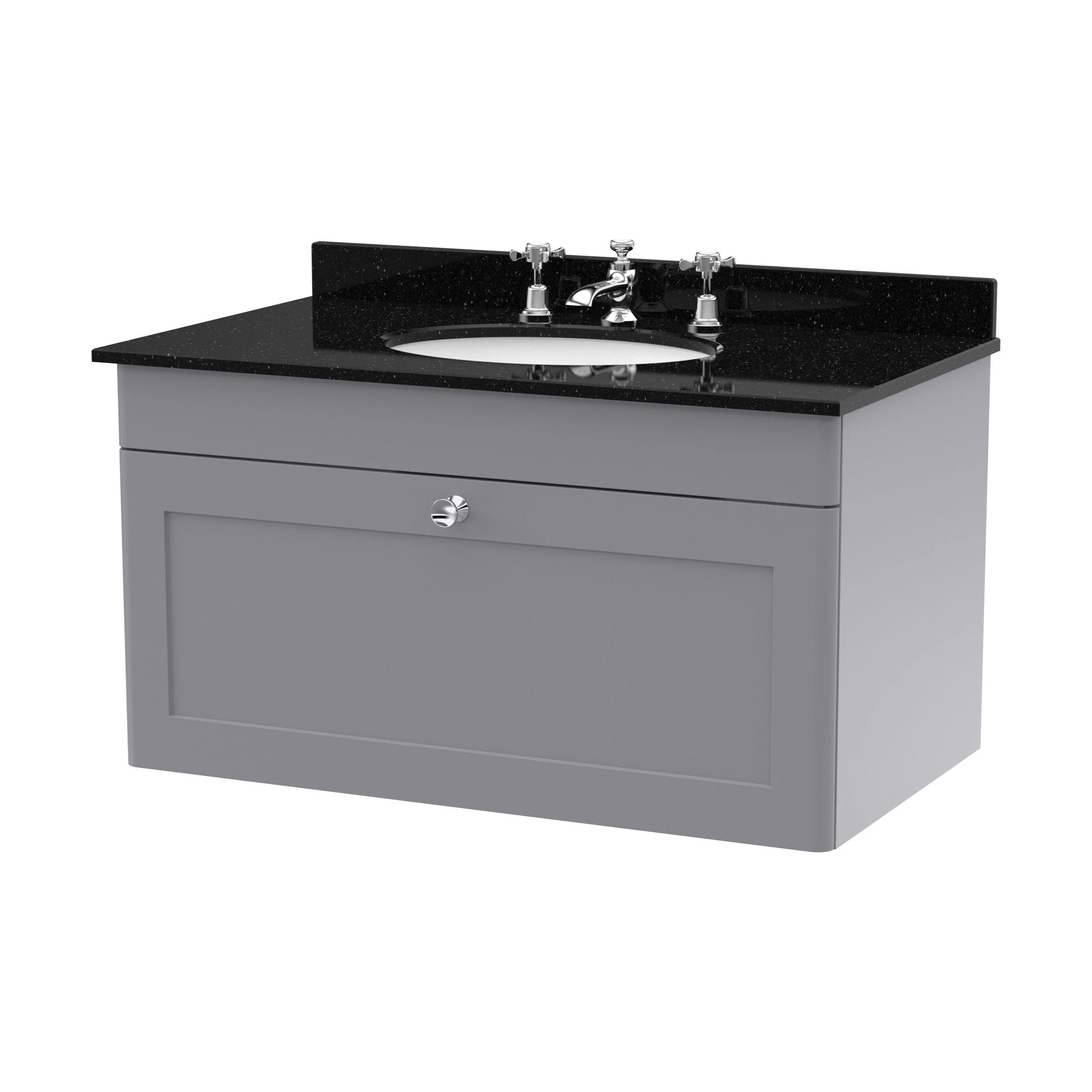 Swynnerton Traditional 1 Drawer Wall Hung Vanity Unit with Marble Basin, Satin Grey, 800mm