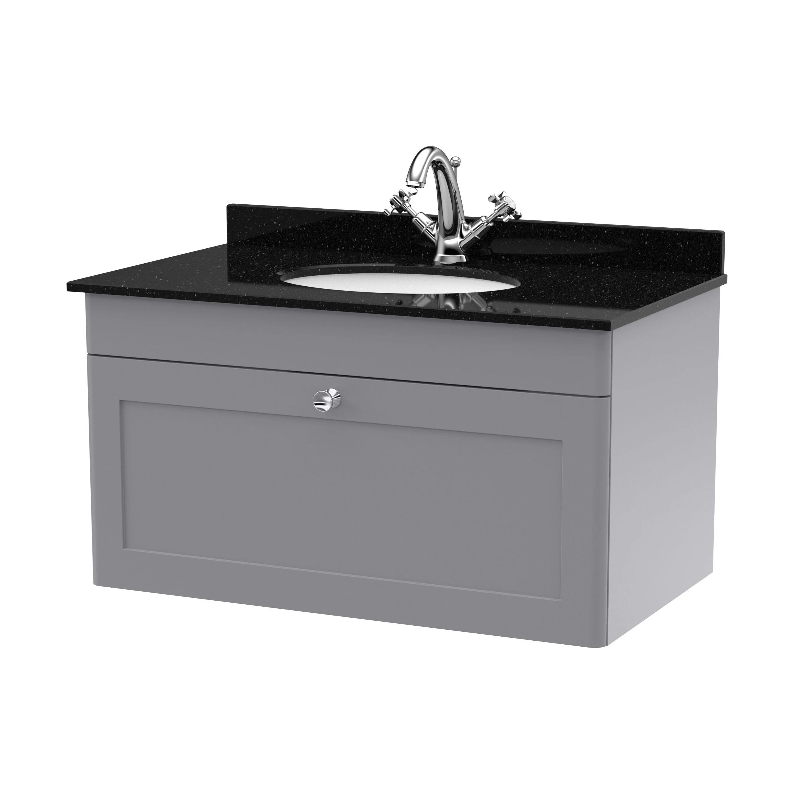 Swynnerton Traditional 1 Drawer Wall Hung Vanity Unit with Marble Basin, Satin Grey, 800mm