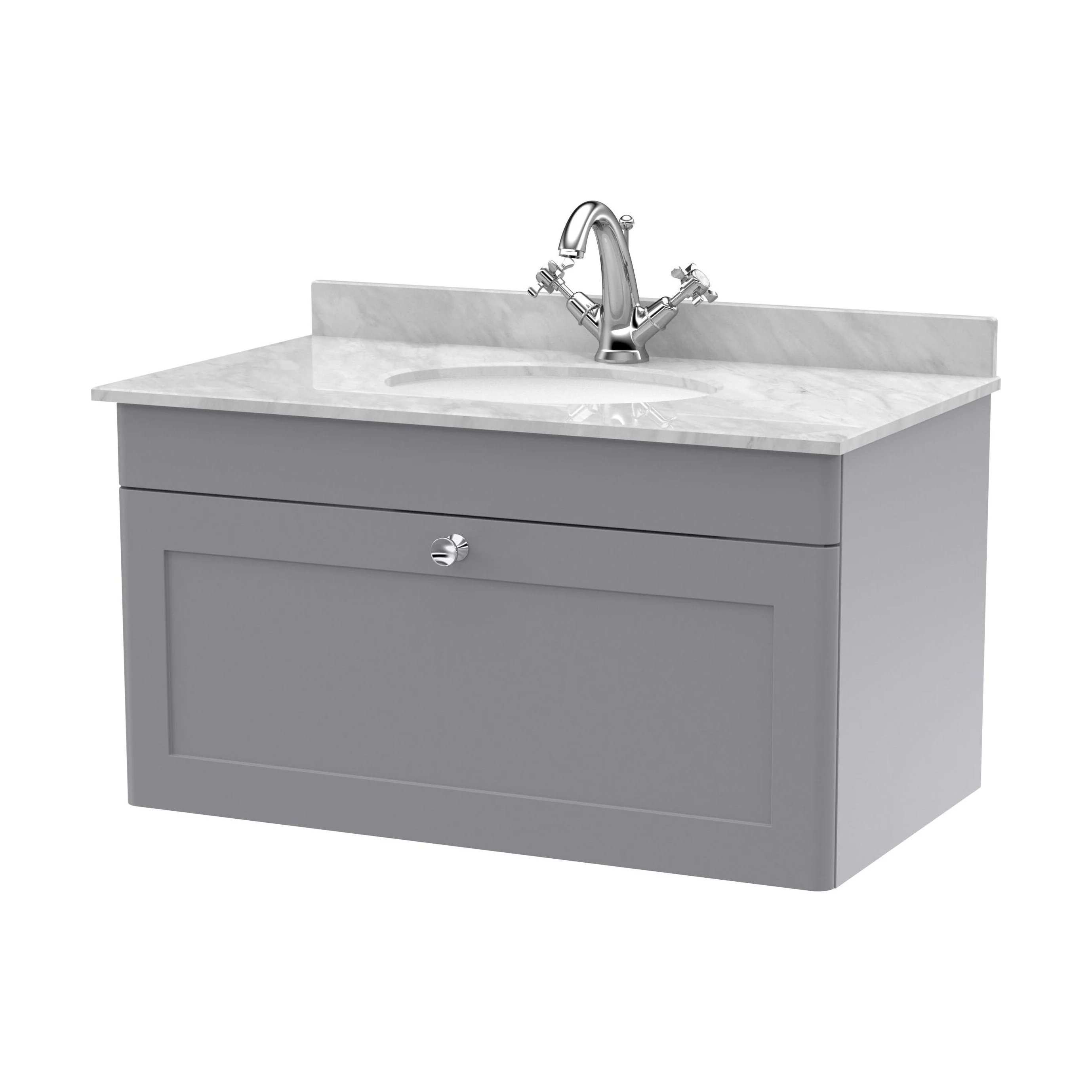 Swynnerton Traditional 1 Drawer Wall Hung Vanity Unit with Marble Basin, Satin Grey, 800mm