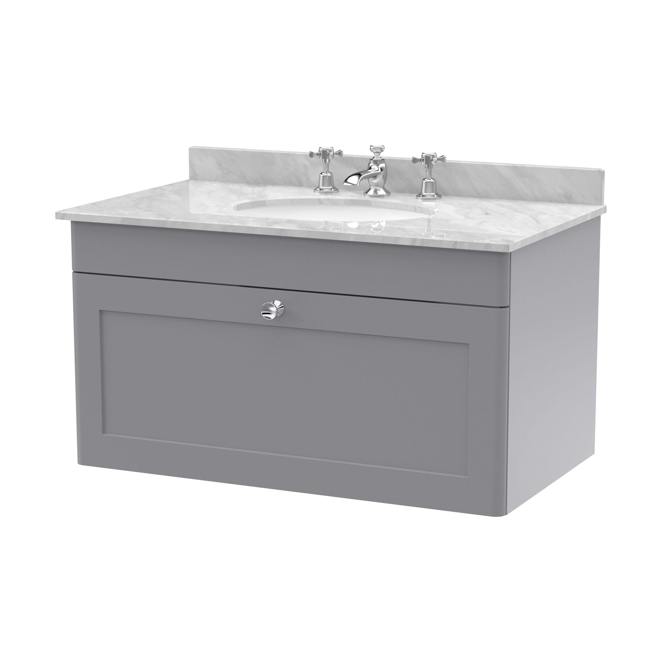Swynnerton Traditional 1 Drawer Wall Hung Vanity Unit with Marble Basin, Satin Grey, 800mm