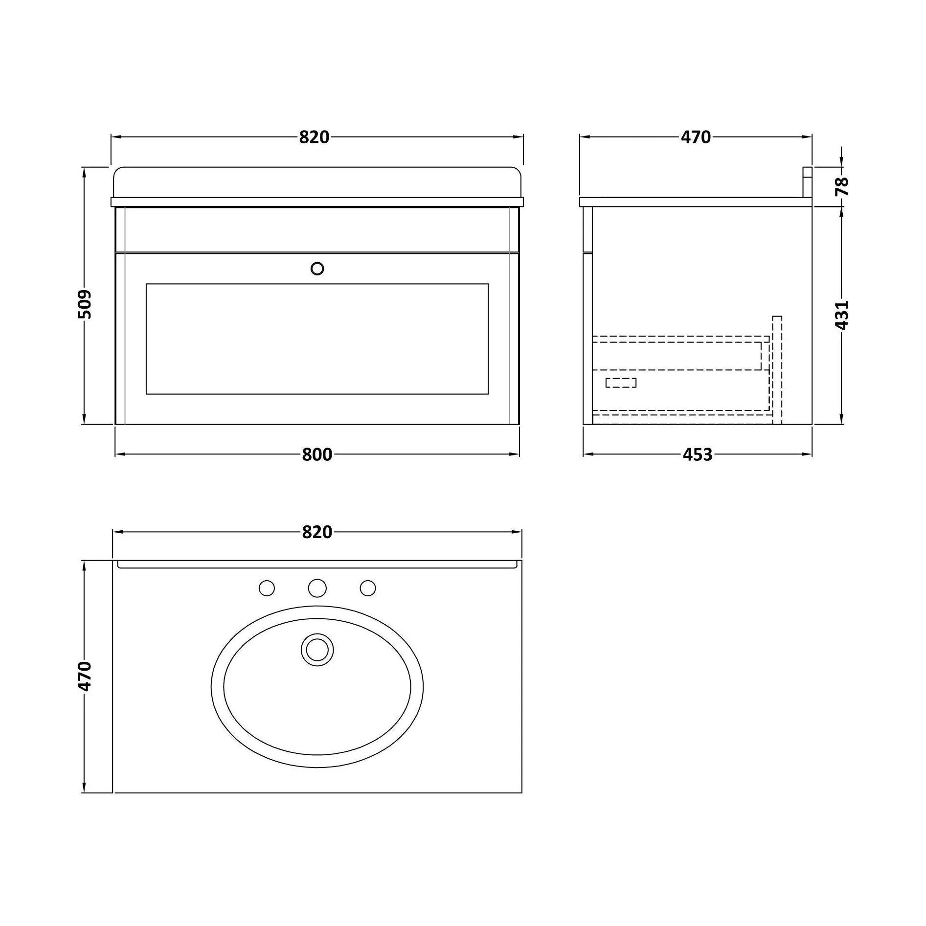 Swynnerton Traditional 1 Drawer Wall Hung Vanity Unit with Marble Basin, Satin Grey, 800mm - Image 2