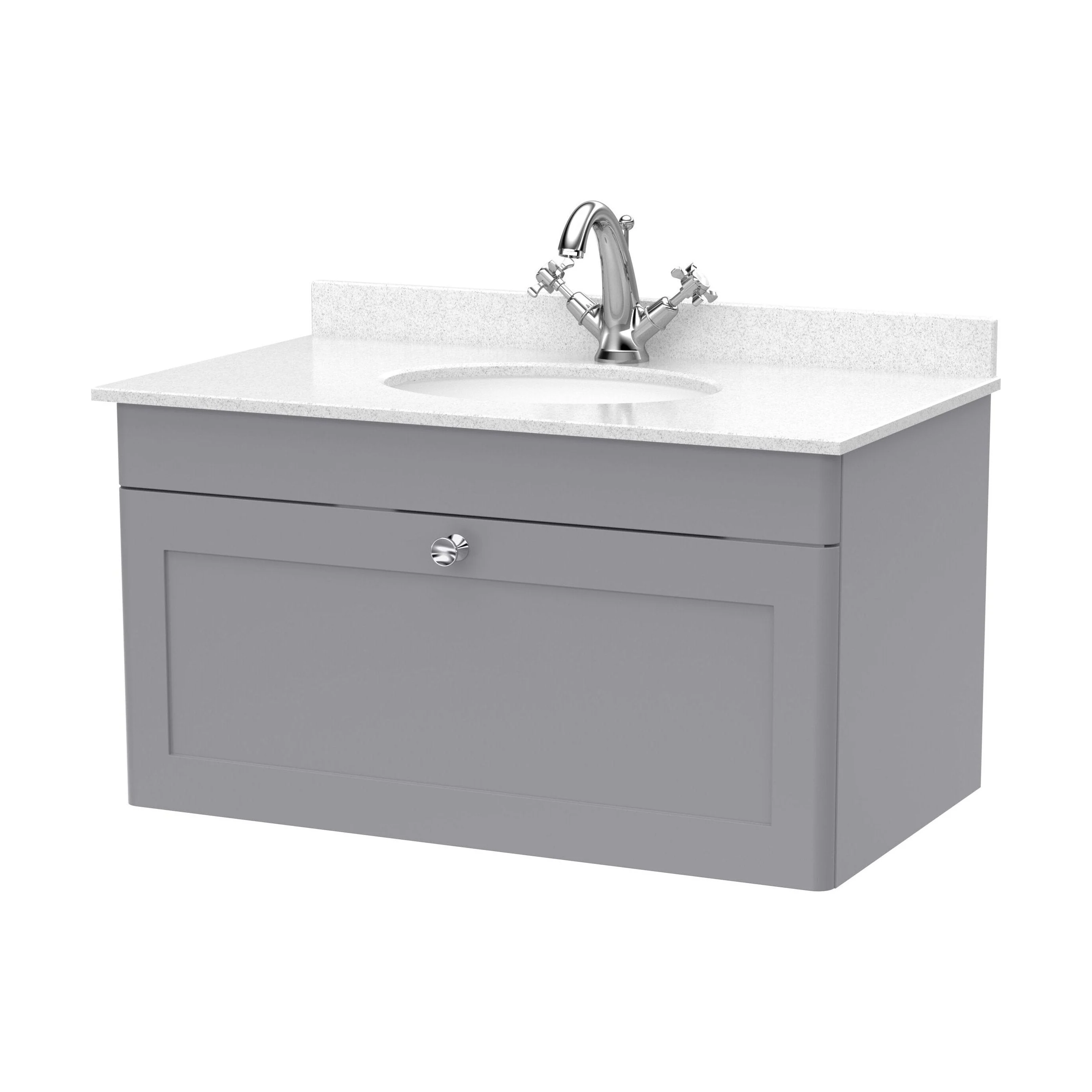 Swynnerton Traditional 1 Drawer Wall Hung Vanity Unit with Marble Basin, Satin Grey, 800mm