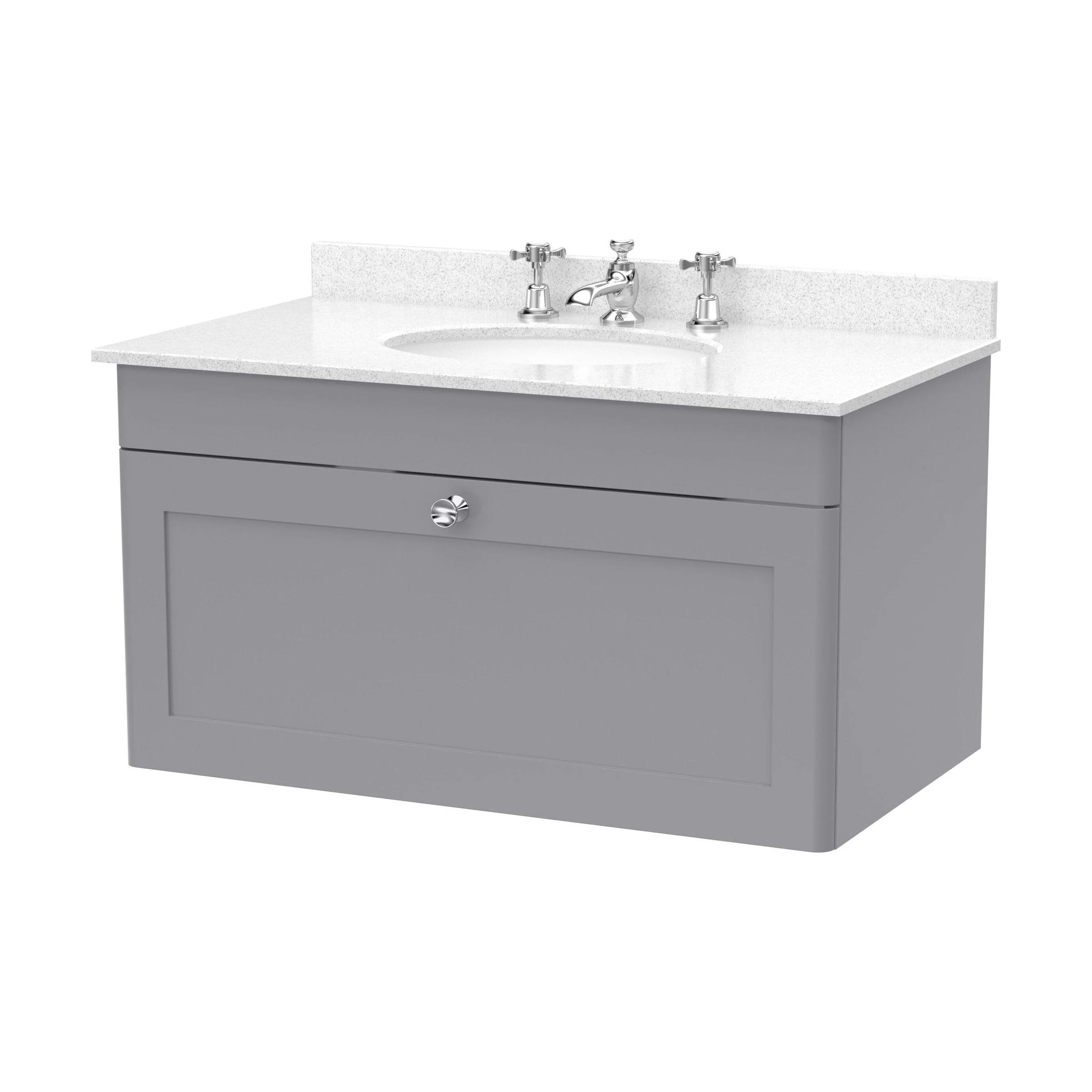 Swynnerton Traditional 1 Drawer Wall Hung Vanity Unit with Marble Basin, Satin Grey, 800mm