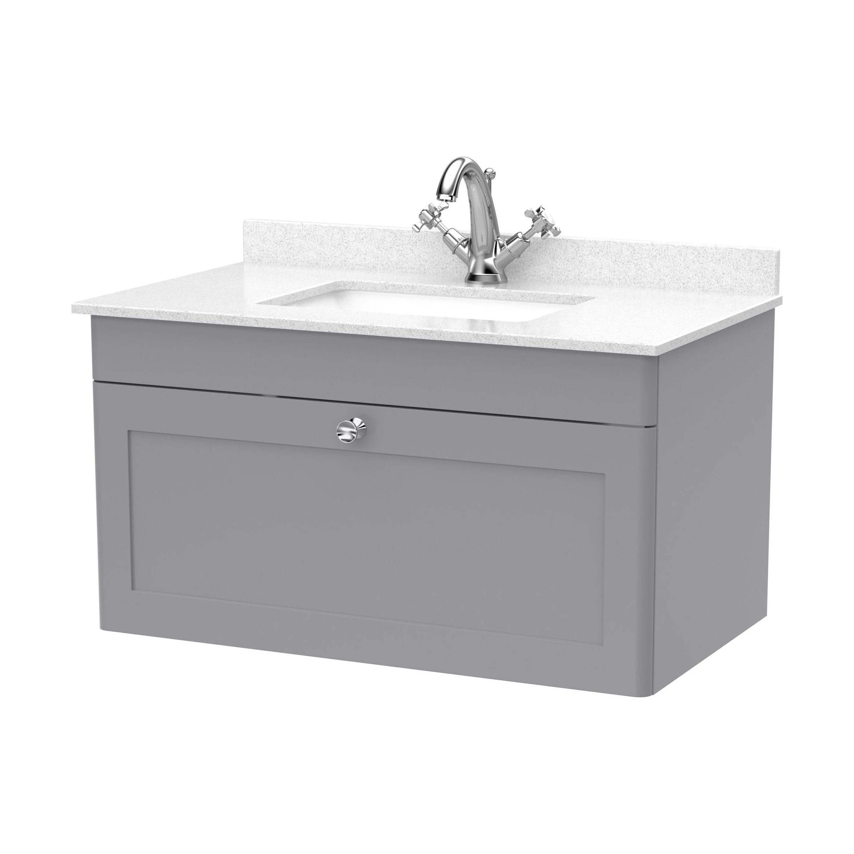 Swynnerton Traditional 1 Drawer Wall Hung Vanity Unit with Marble Basin, Satin Grey, 800mm