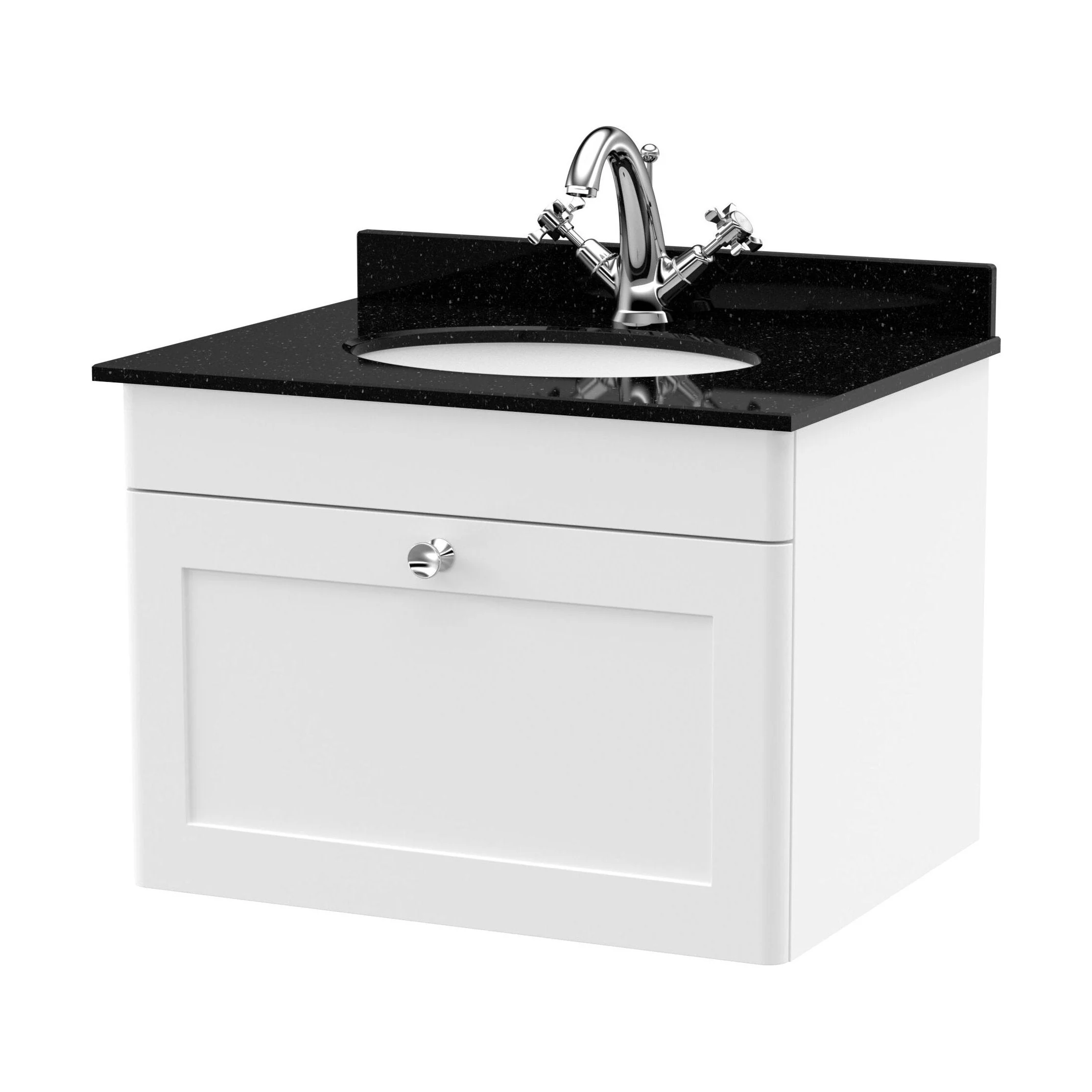 Swynnerton Traditional 1 Drawer Wall Hung Vanity Unit with Marble Basin, Satin White, 600mm