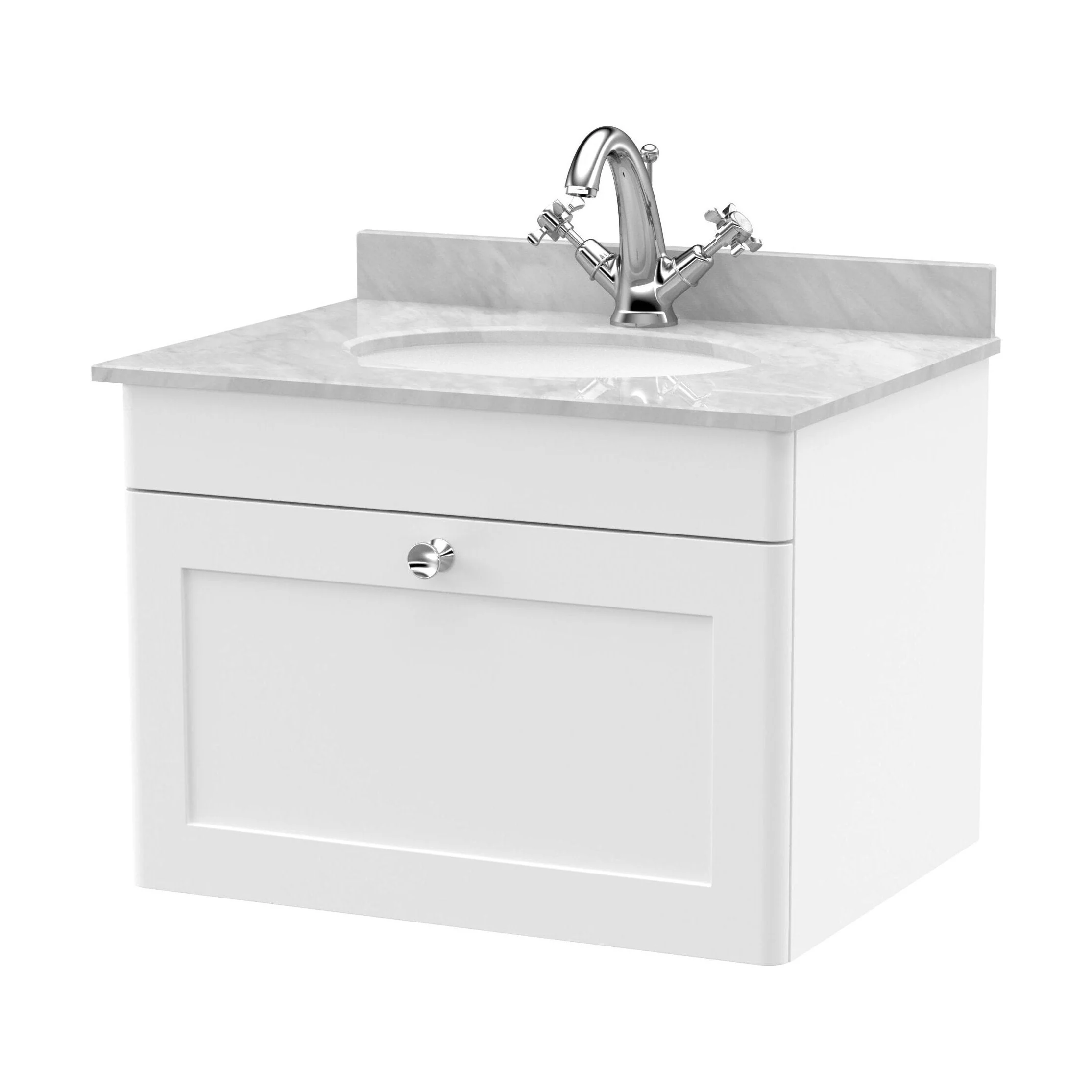 Swynnerton Traditional 1 Drawer Wall Hung Vanity Unit with Marble Basin, Satin White, 600mm