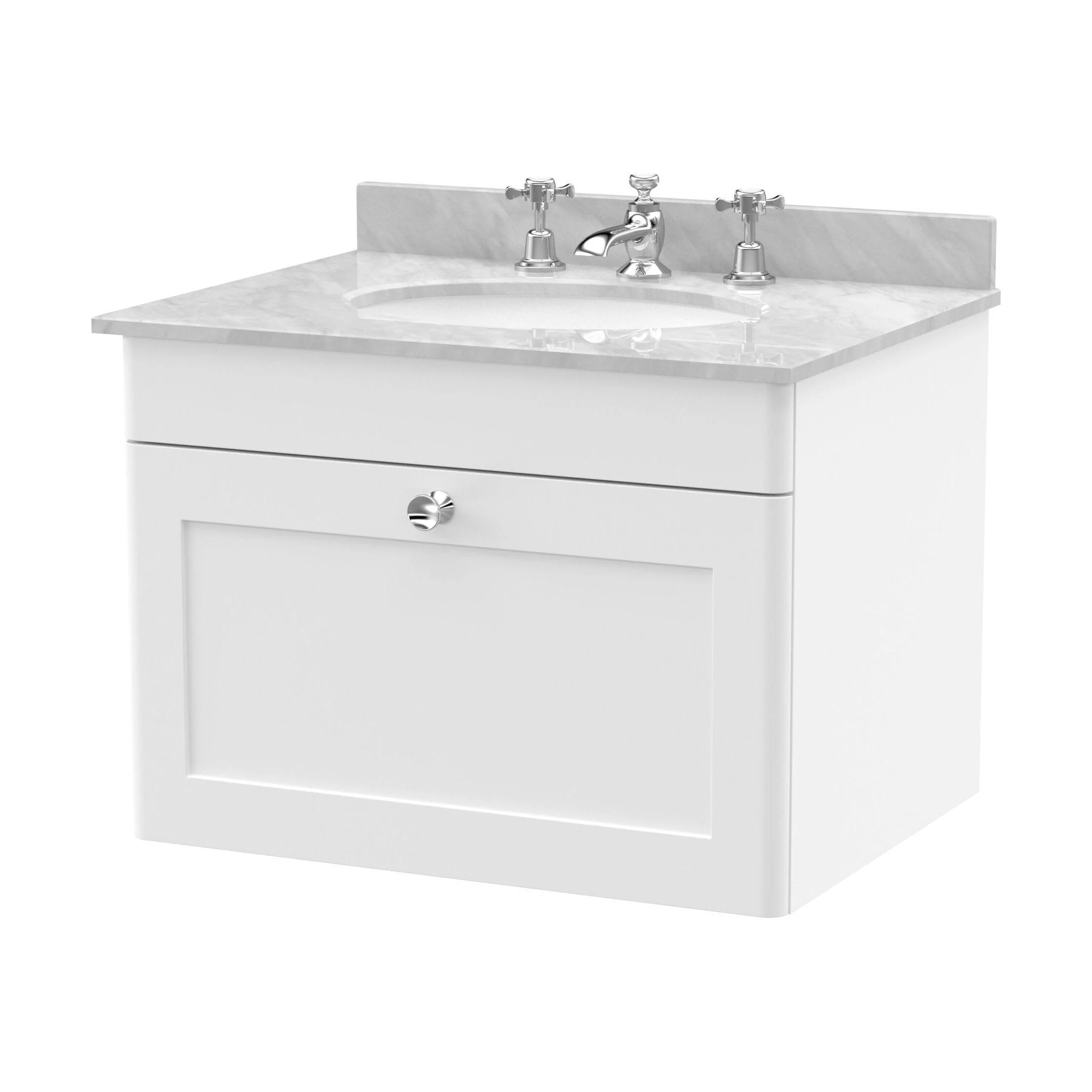 Swynnerton Traditional 1 Drawer Wall Hung Vanity Unit with Marble Basin, Satin White, 600mm