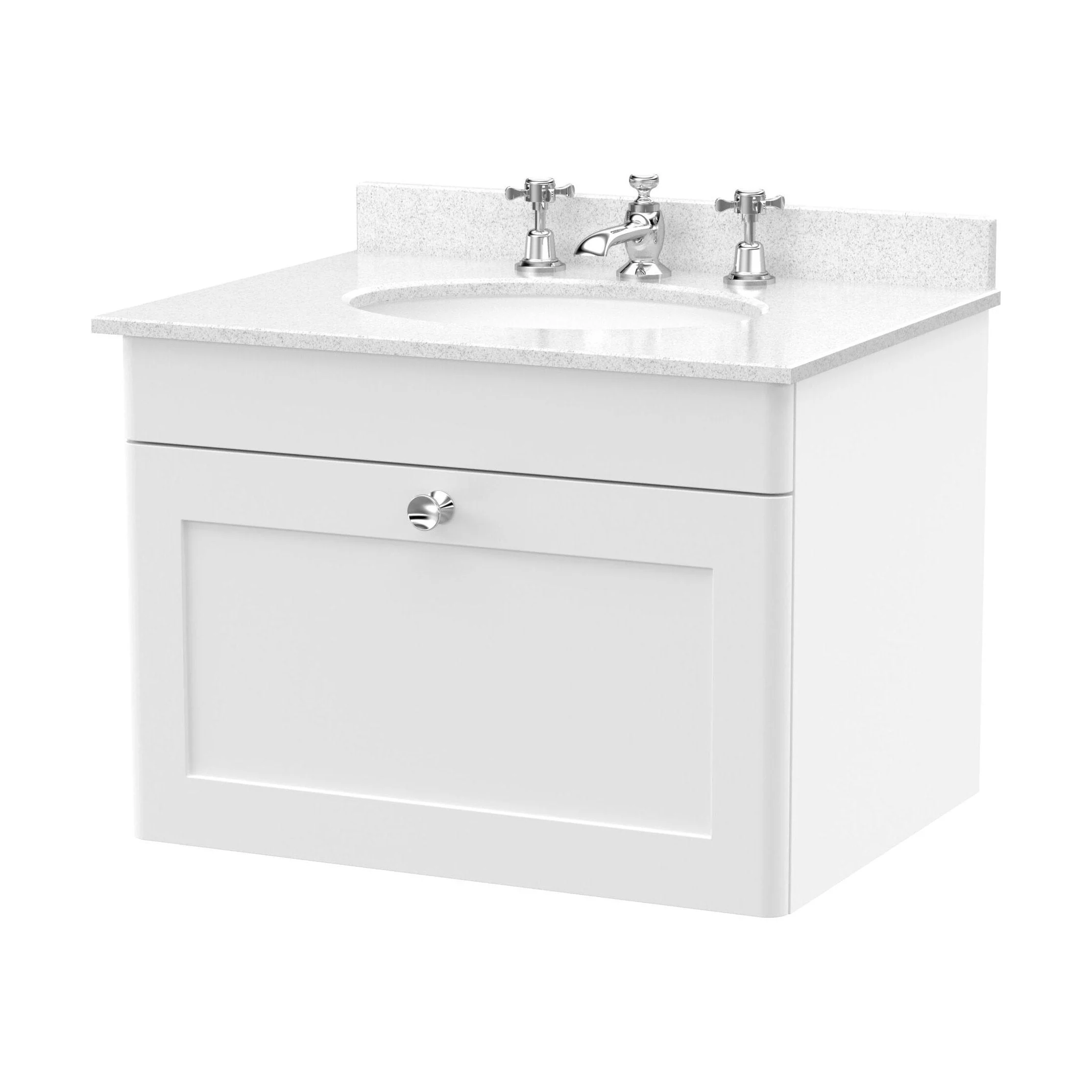 Swynnerton Traditional 1 Drawer Wall Hung Vanity Unit with Marble Basin, Satin White, 600mm
