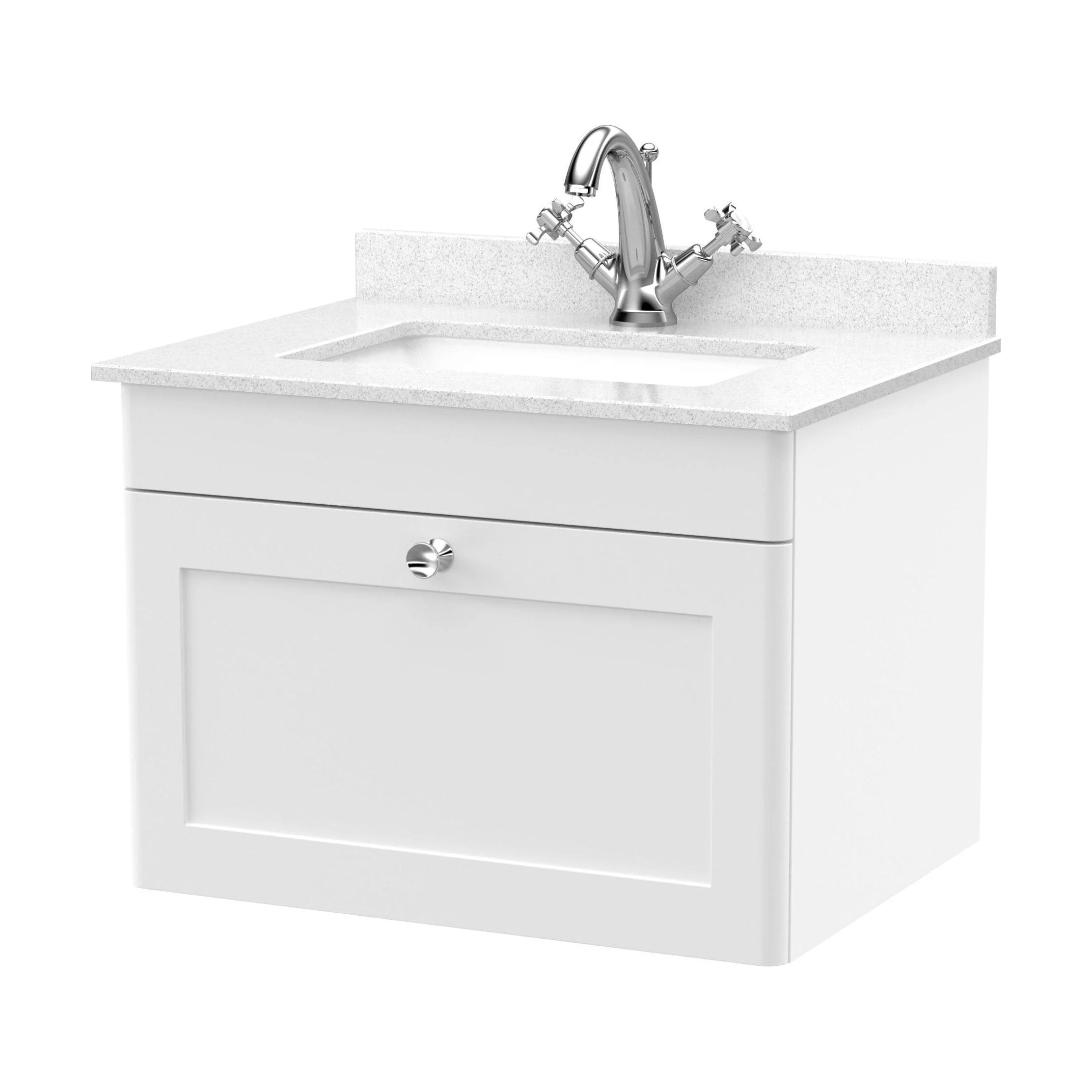 Swynnerton Traditional 1 Drawer Wall Hung Vanity Unit with Marble Basin, Satin White, 600mm