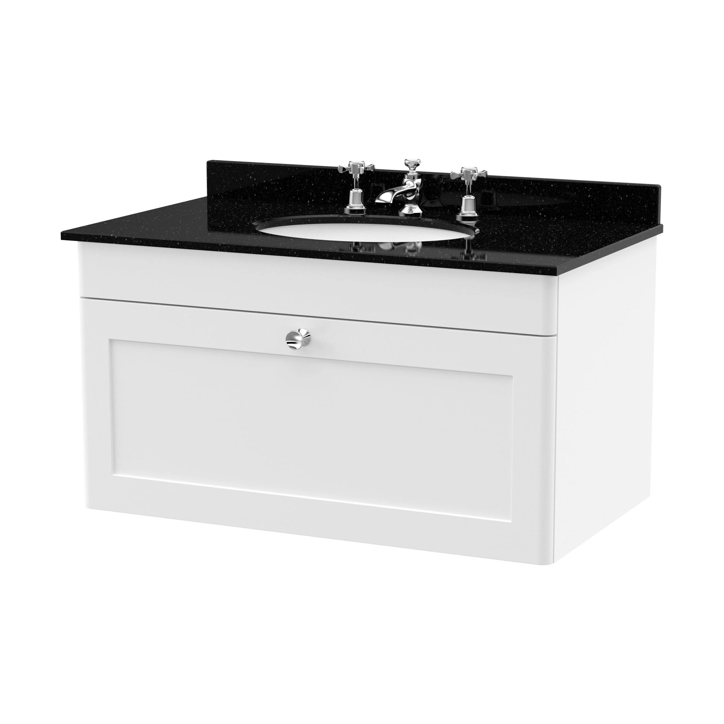 Swynnerton Traditional 1 Drawer Wall Hung Vanity Unit with Marble Basin, Satin White, 800mm