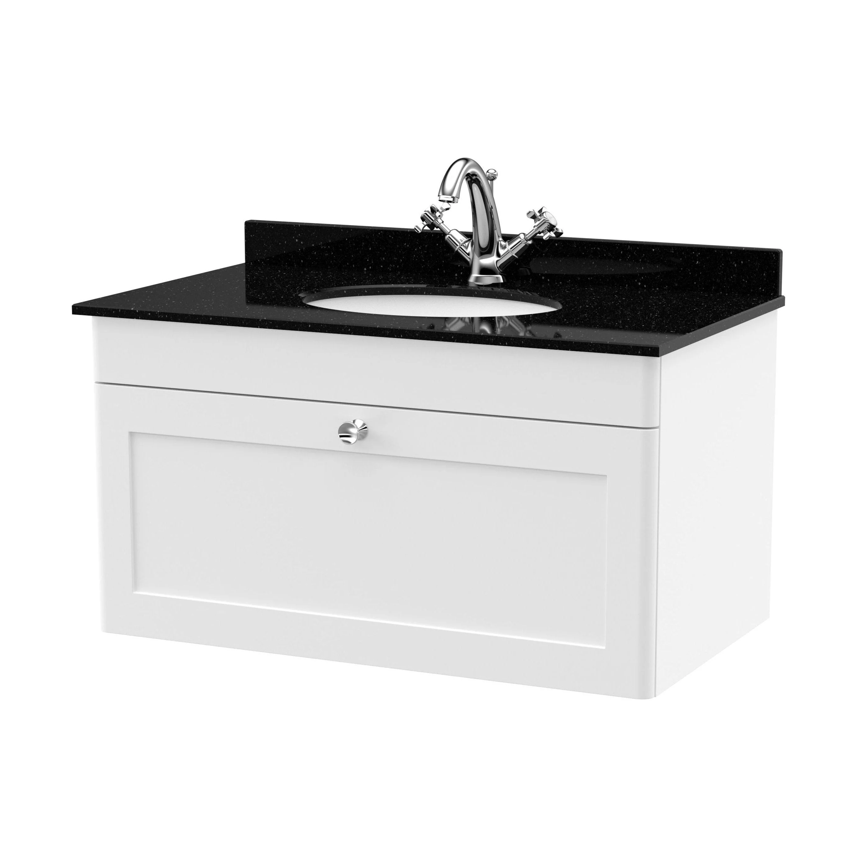 Swynnerton Traditional 1 Drawer Wall Hung Vanity Unit with Marble Basin, Satin White, 800mm