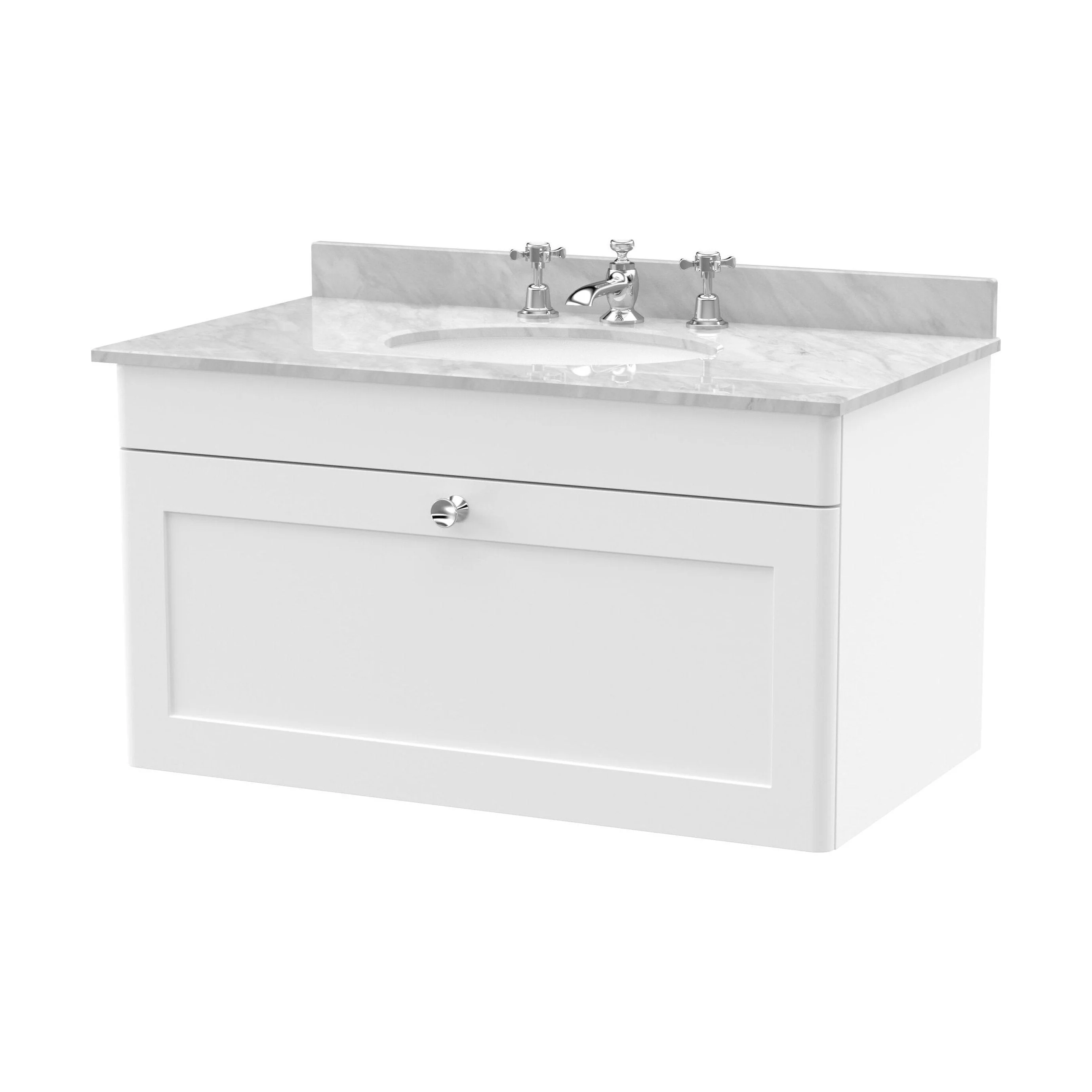 Swynnerton Traditional 1 Drawer Wall Hung Vanity Unit with Marble Basin, Satin White, 800mm