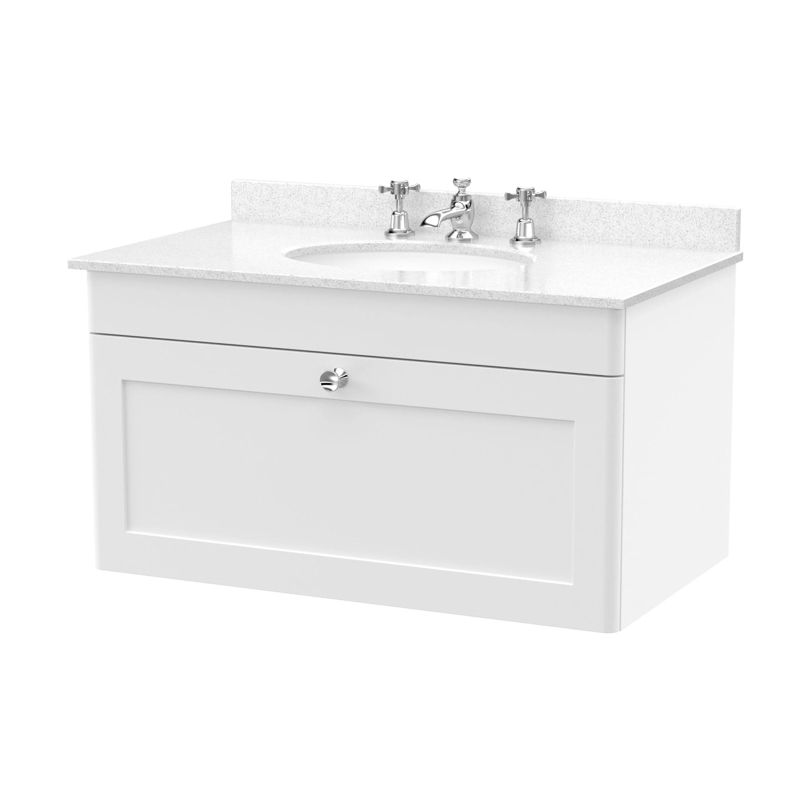 Swynnerton Traditional 1 Drawer Wall Hung Vanity Unit with Marble Basin, Satin White, 800mm