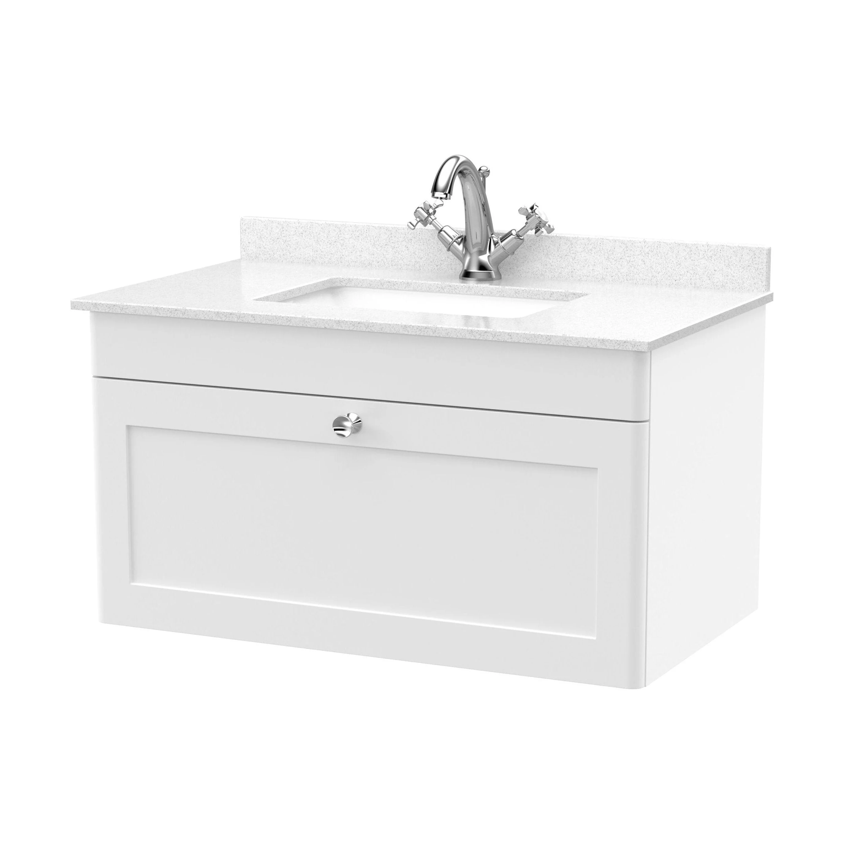 Swynnerton Traditional 1 Drawer Wall Hung Vanity Unit with Marble Basin, Satin White, 800mm