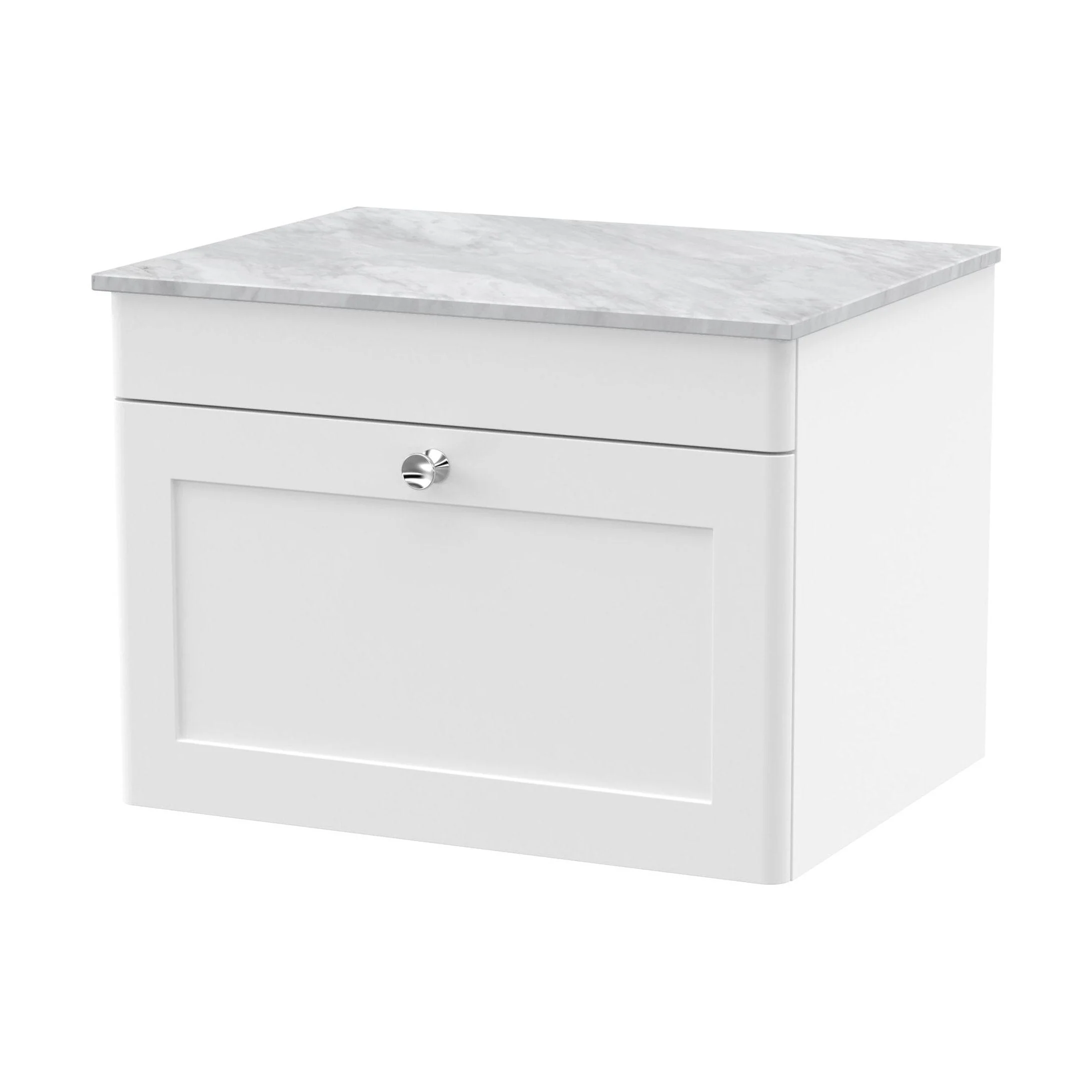 Swynnerton Traditional 1 Drawer Wall Hung Vanity Unit with Marble Top, Satin White, 600mm