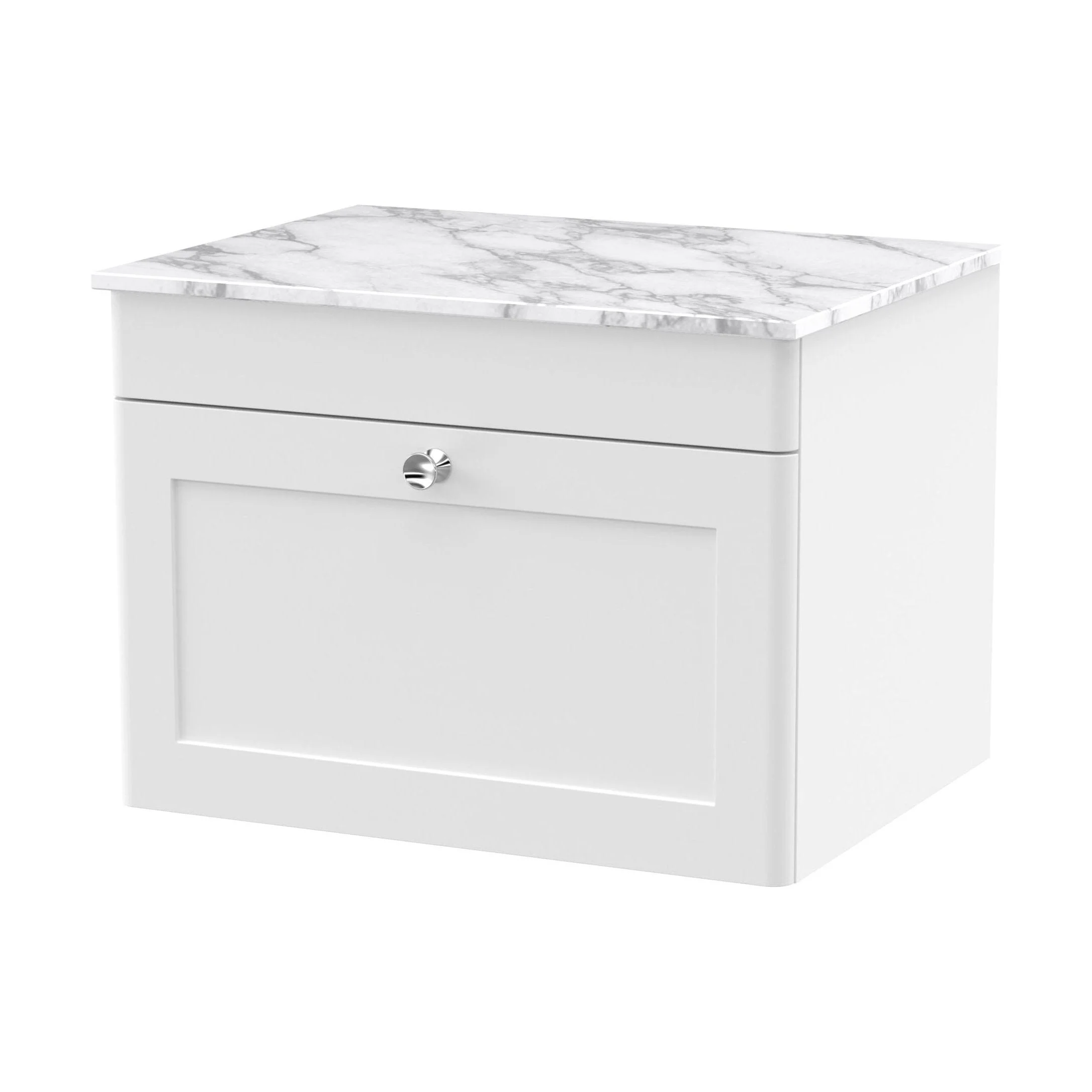 Swynnerton Traditional 1 Drawer Wall Hung Vanity Unit with Marble Top, Satin White, 600mm