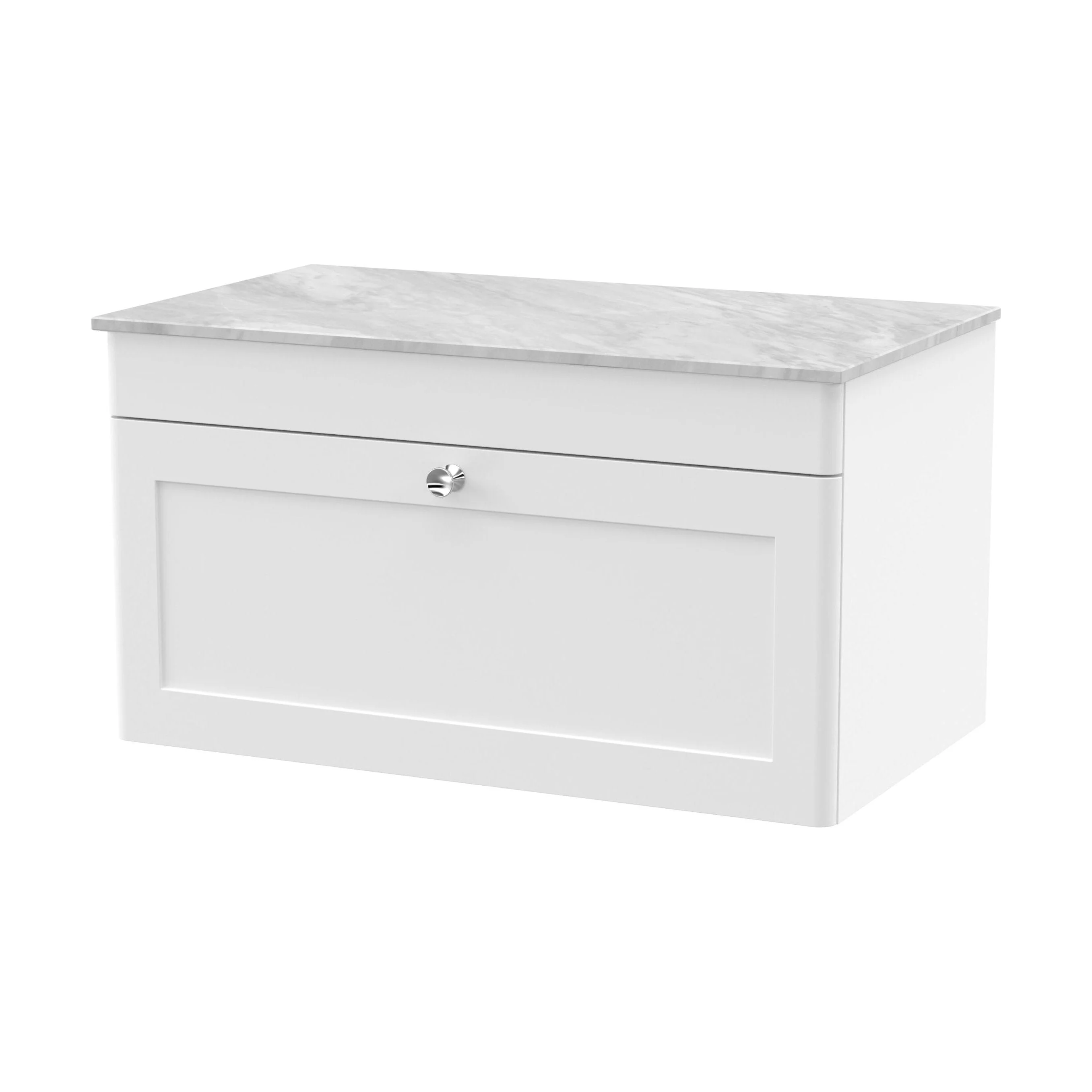 Swynnerton Traditional 1 Drawer Wall Hung Vanity Unit with Marble Top, Satin White, 800mm