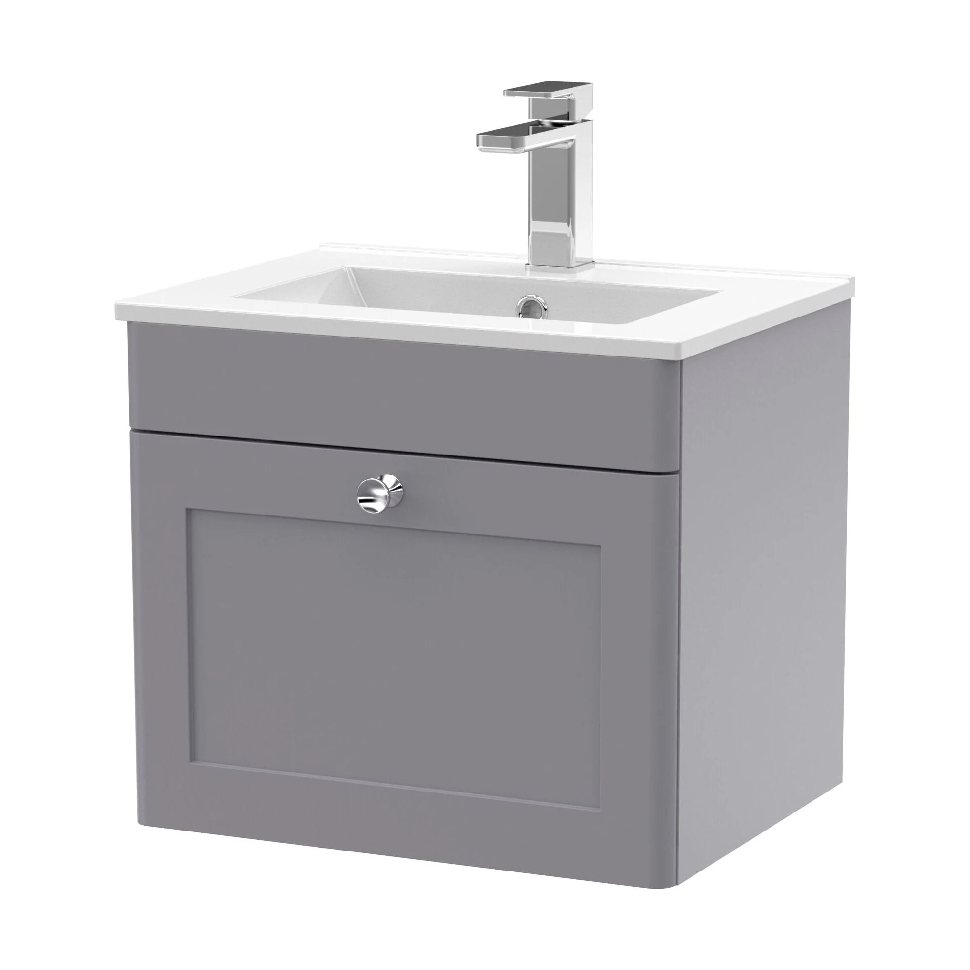 Swynnerton Traditional 1 Drawer Wall Hung Vanity Unit with Minimalist Basin, Satin Grey, 500mm