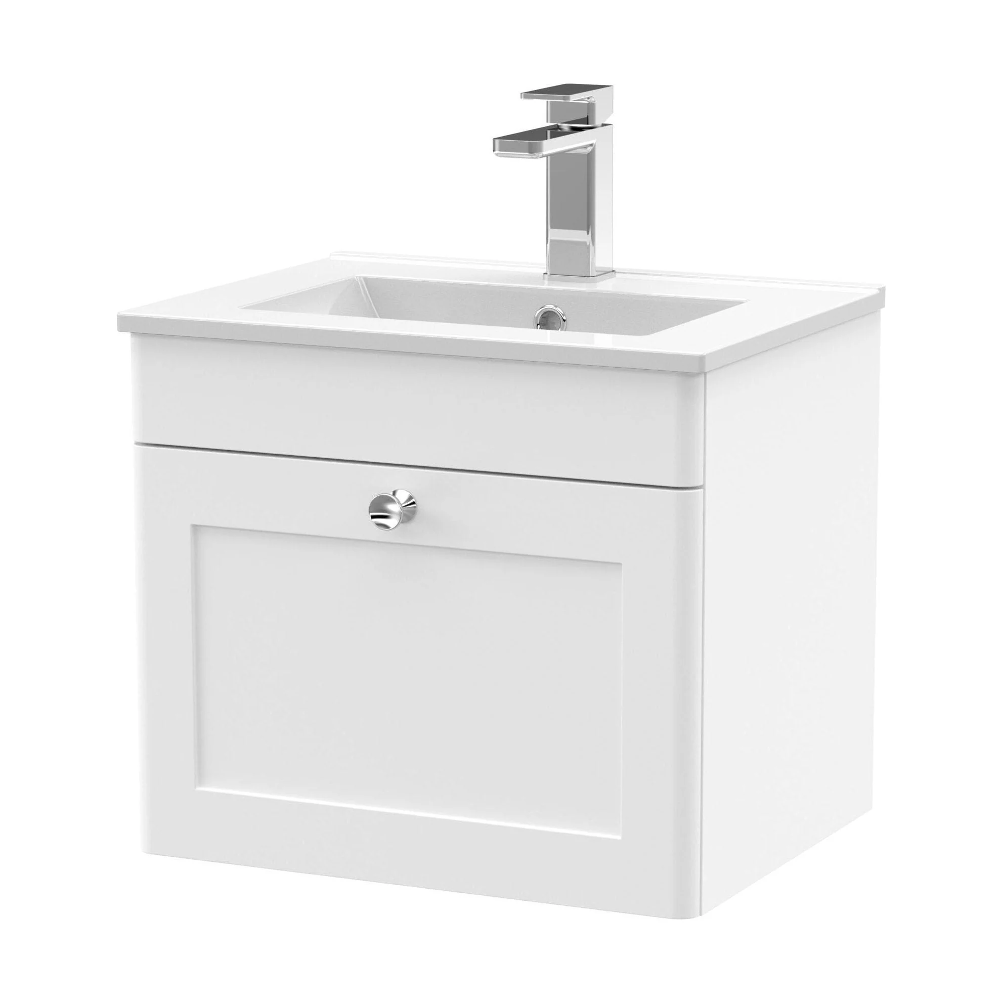 Swynnerton Traditional 1 Drawer Wall Hung Vanity Unit with Minimalist Basin, Satin White, 500mm